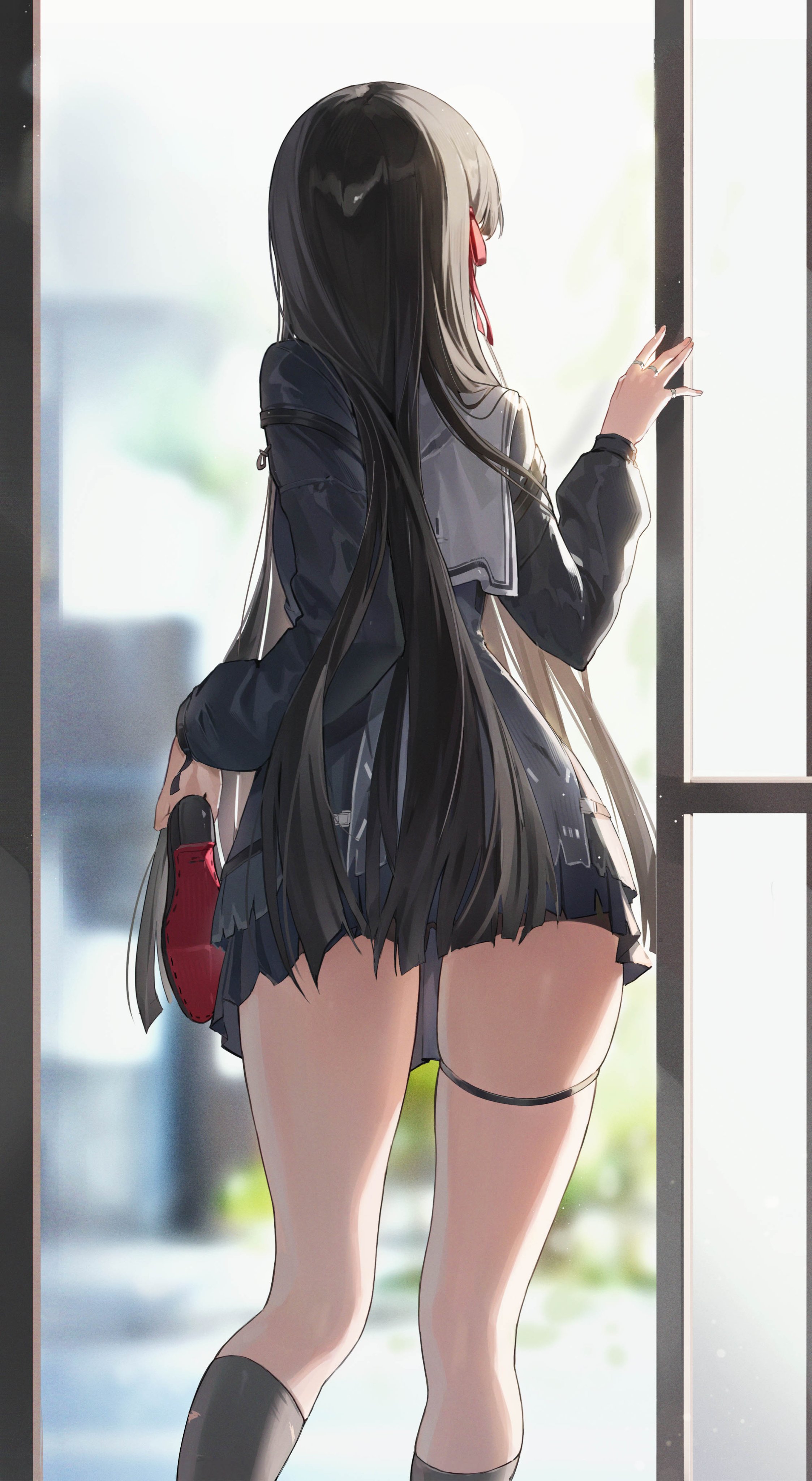 1girls, black hair, chisa (wuthering waves), legs, long hair, red eyes, school uniform, schoolgirl, seifuku, wuthering waves