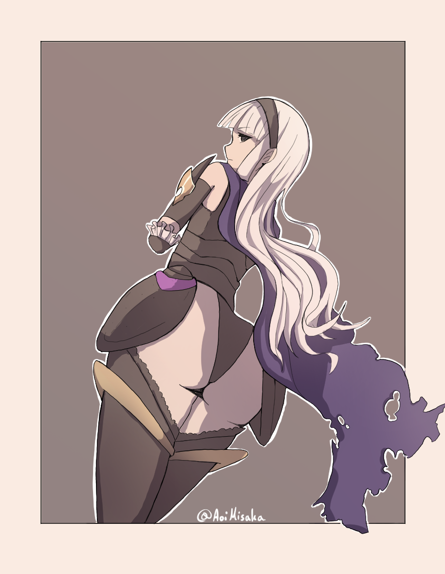 alternate_color alternate_costume alternate_hair_color aoimisaka armor artist_name ass bangs bare_shoulders black_hairband black_legwear black_panties butt_crack cape cosplay curvy detached_sleeves elf female fire_emblem fire_emblem_fates fire_emblem_heroes frill_trim from_behind from_below garter_straps gauntlets greaves grey_background grey_eyes grey_hair hairband huge_ass leotard long_hair looking_at_viewer looking_back looking_down mamkute nintendo panties pointy_ears rhajat_(fire_emblem) sidelocks silver_hair sleeveless solo solo_focus standing thick_thighs thighhighs thighs two-tone_background underwear white_hair