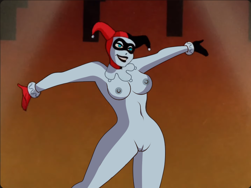 1girls batman_(series) black_lipstick blue_eyes breasts dc dc_comics edit gloves grey_nipples harley_quinn harley_quinn_(classic) medium_breasts nipples pale-skinned_female pale_skin pussy renajon screenshot_edit shaved_pussy solo solo_female vagina