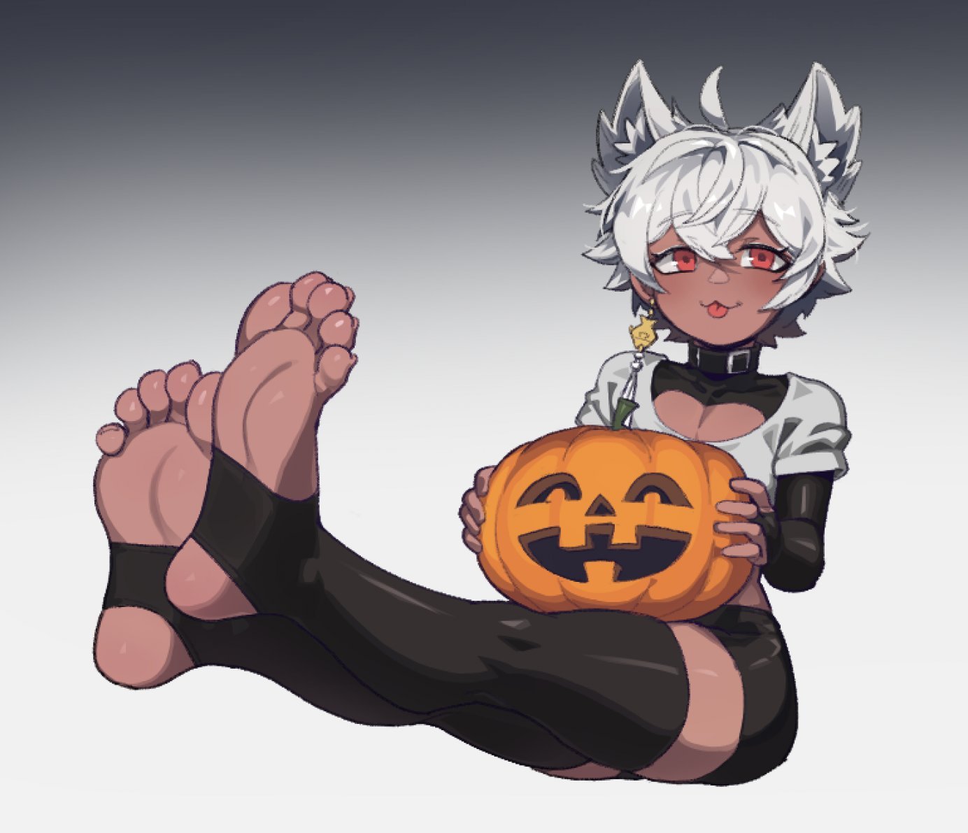 1boy, cat ears, dark skin, dark-skinned femboy, dark-skinned male, dark-skinned sissy, feet, femboy, femboy focus, femboy only, foot fetish, foot focus, male, male focus, male only, solo, thighhighs, white hair