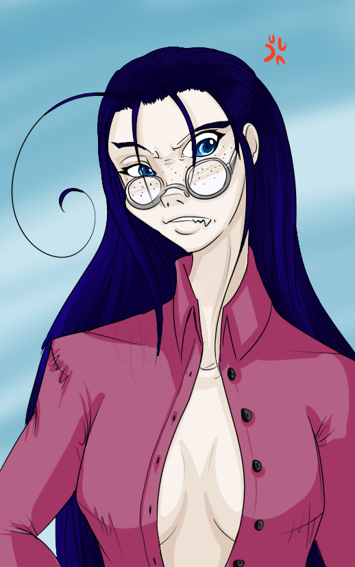 1girls angry_face antenna_hair blue_eyes breasts freckles_on_face german_female glasses hellsing long_hair open_shirt rip_van_winkle