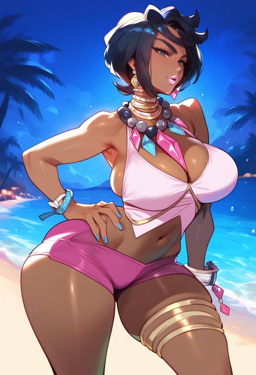 2d ai_generated big_breasts black_hair dark-skinned_female dark_skin female female_focus female_only olivia_(pokemon) pants pokemon pokemon_sm short_hair solo solo_female solo_focus tagme