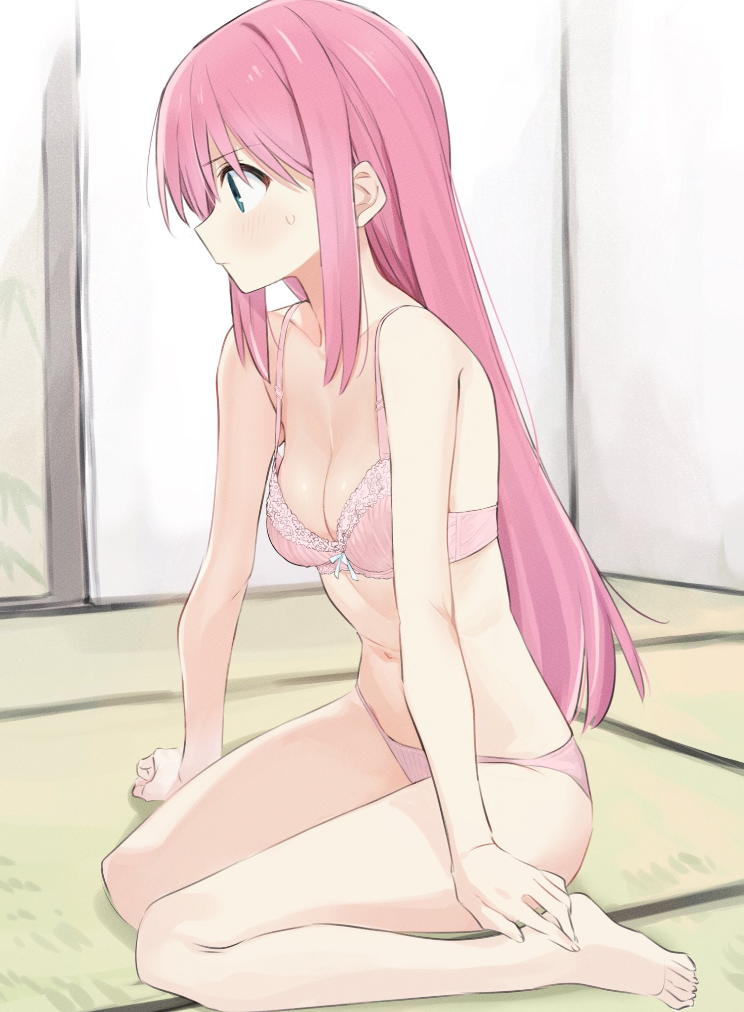 avoiding eye contact, blue eyes, bocchi the rock!, female, gotou hitori, lingerie, narumiya, pink hair, sitting, white skin