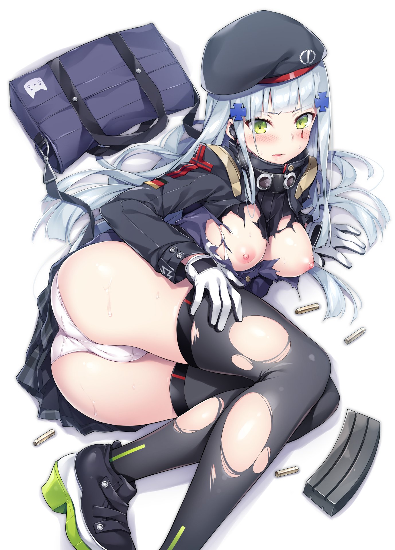 1girls, akizora momiji, animal print, arm support, ass, bag, beret, black legwear, blush, breasts, bullet, cameltoe, cat print, commentary request, earphones, embarrassed, female, female only, girls' frontline, gloves, green eyes, hand on own thigh, hat, highres, hk416 (girls' frontline), iron cross, long hair, looking at viewer, lost clothes, lying, magazine (weapon), medium breasts, nipples, no bra, on side, panties, pantyshot, plaid, plaid skirt, pleated skirt, pussy, silver hair, simple background, skirt, solo, sweat, thighs, torn clothes, torn jacket, torn legwear, underwear, upskirt, white background, white panties