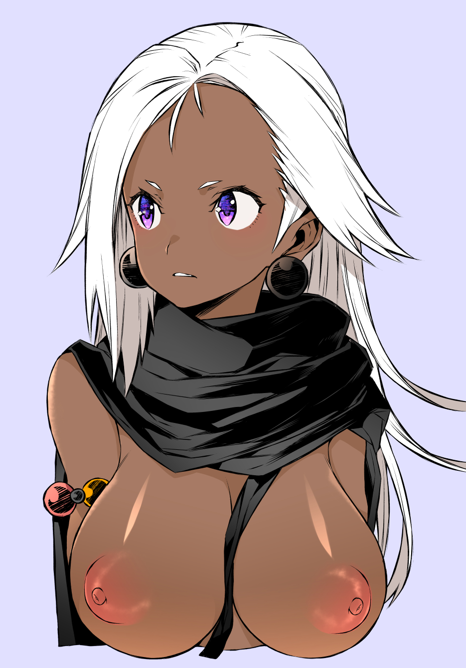 1girls areolae armlet asymmetrical_hair black_cloak breasts cloak dark-skinned_female dark_skin earrings esouko female female_only final_fantasy final_fantasy_iv final_fantasy_iv_the_after genderswap_(mtf) golbeza gradient gradient_background highres jewelry large_breasts long_hair nipples parted_lips puffy_nipples rule_63 solo straight_hair upper_body white_hair