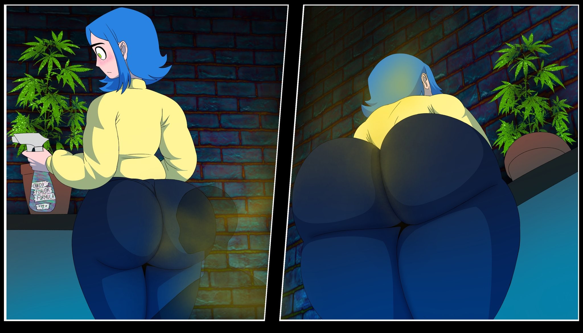 anon, ass, big ass, big butt, blue hair, blush, butt, diane (mrwastemaster), fart, fart cloud, fart fetish, farting, farting in face, female, green eyes, marijuana, marijuana leaf, mrwastemaster, pov, smelly, smelly ass, smelly butt, stench, stinky, stinky ass, stinky butt, weed
