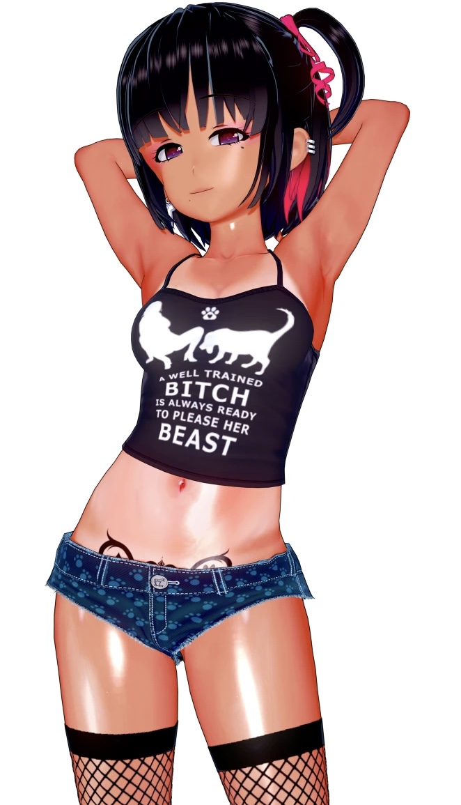 3d, bangs, belly button, black hair, bob cut, breasts, canine, canine on human, earrings, eye contact, female, female human/male feral, female on feral, feral, feral on female, feral on human, fishnets, goon caption, gooner, goonette, human female, human on feral, koi yukino, leggings, legwear, looking at viewer, original, pose, posing, posing for the viewer, pubic tattoo, purple eyes, red streak, short shorts, skinny, small breasts, streaked hair, tan body, tan lines, tan skin, tattoo, text, text on clothing, wide hips, womb tattoo, zoophilia
