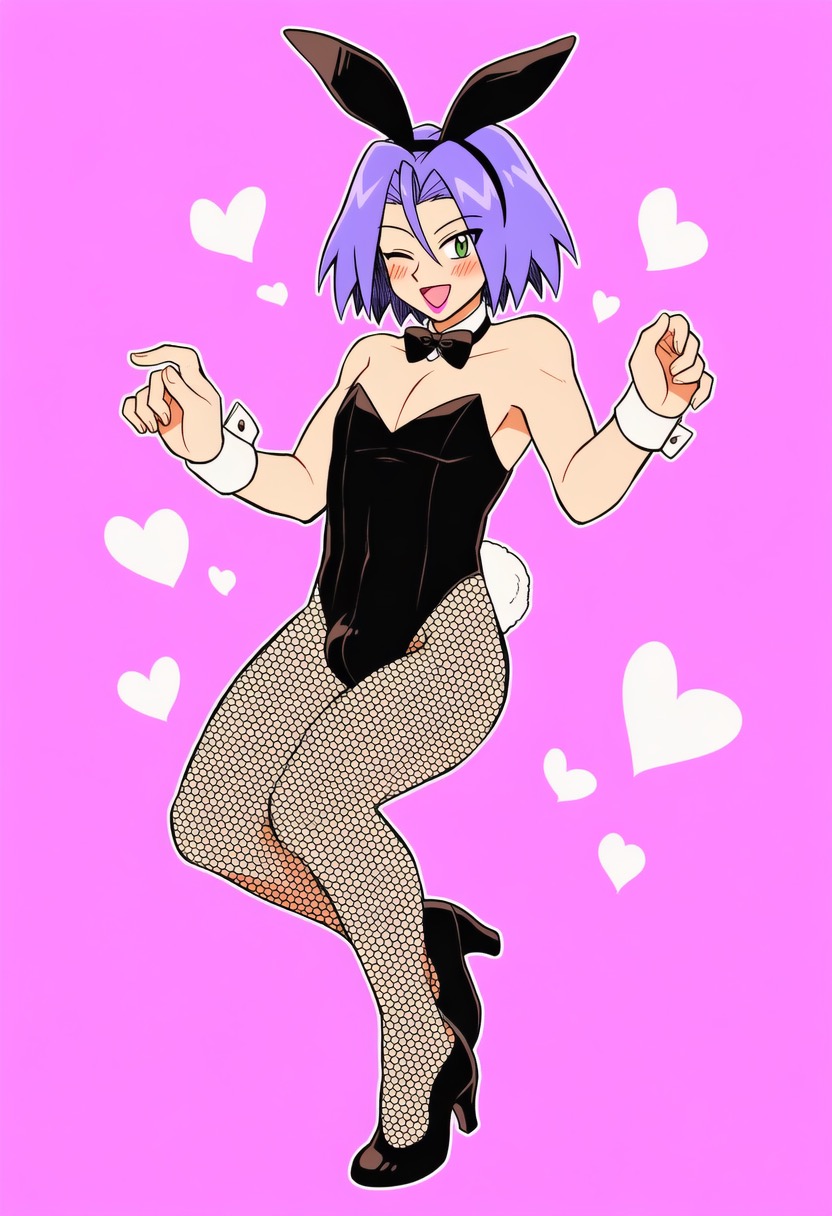 1boy, 1femboy, 2d, blue hair, blush, bowtie, bowtie collar, bulge, bunny boy, bunny costume, bunny ears, bunny suit, bunny tail, bunnysuit, clothed, clothed male, color, crossdressing, crossdressing male, femboy, femboy only, feminine male, fishnet pantyhose, fishnets, full color, green eyes, high heels, james (pokemon), lavender hair, lipstick, looking at viewer, make up, makeup, male, male only, male playboy bunny, non-nude, open mouth, otoko no ko, otokonoko, pantyhose, playboy bunny, playboy bunny costume, playboy bunny leotard, plumps, pokemon, pokemon (anime), pokemon (classic anime), pokemon anime, shoes, simple background, smiling, solo, solo male, wink