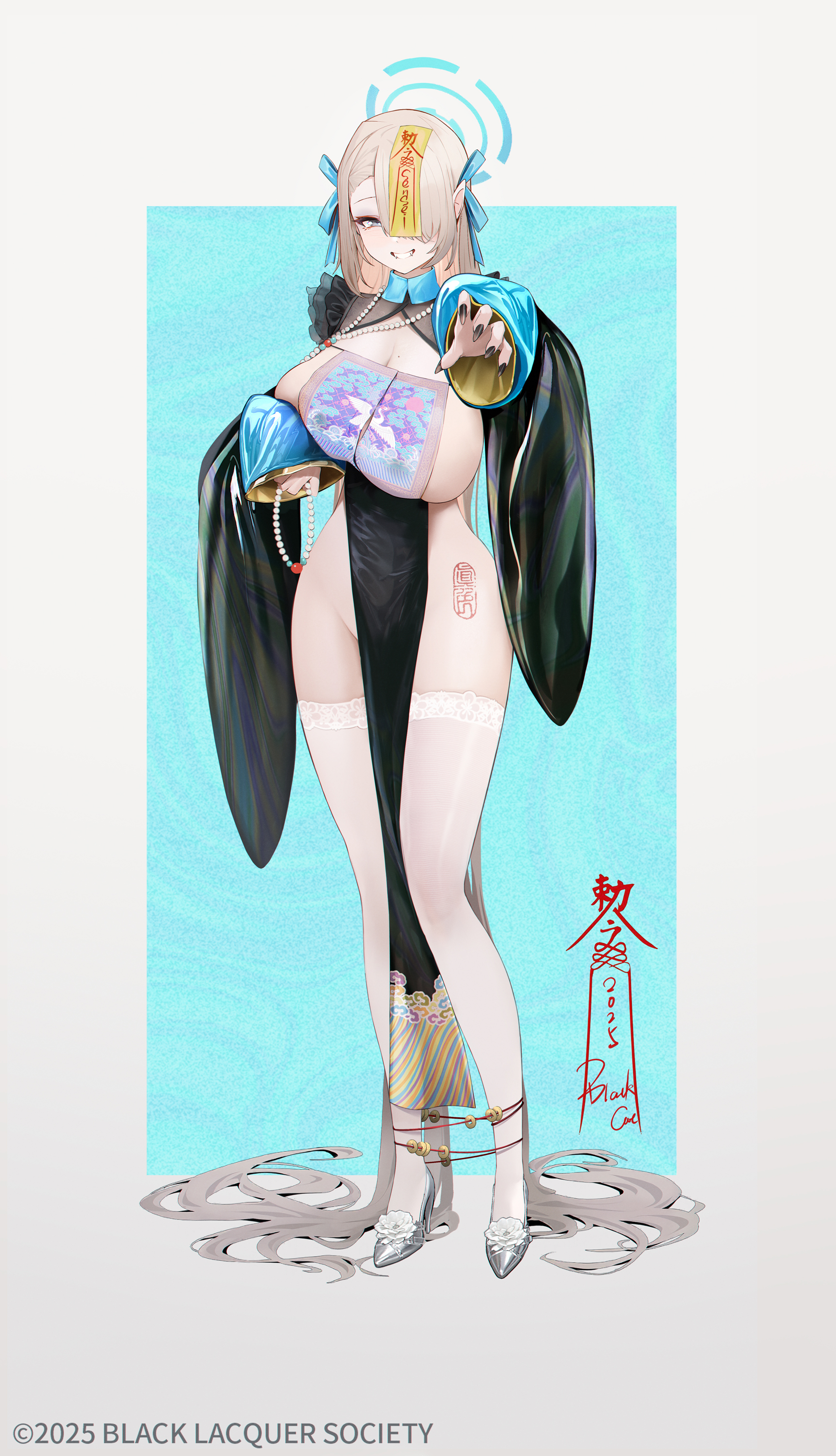 asuna (blue archive), breasts, female, heimaoart, high heels, huge breasts, jiangshi, ofuda, tagme, thighhighs