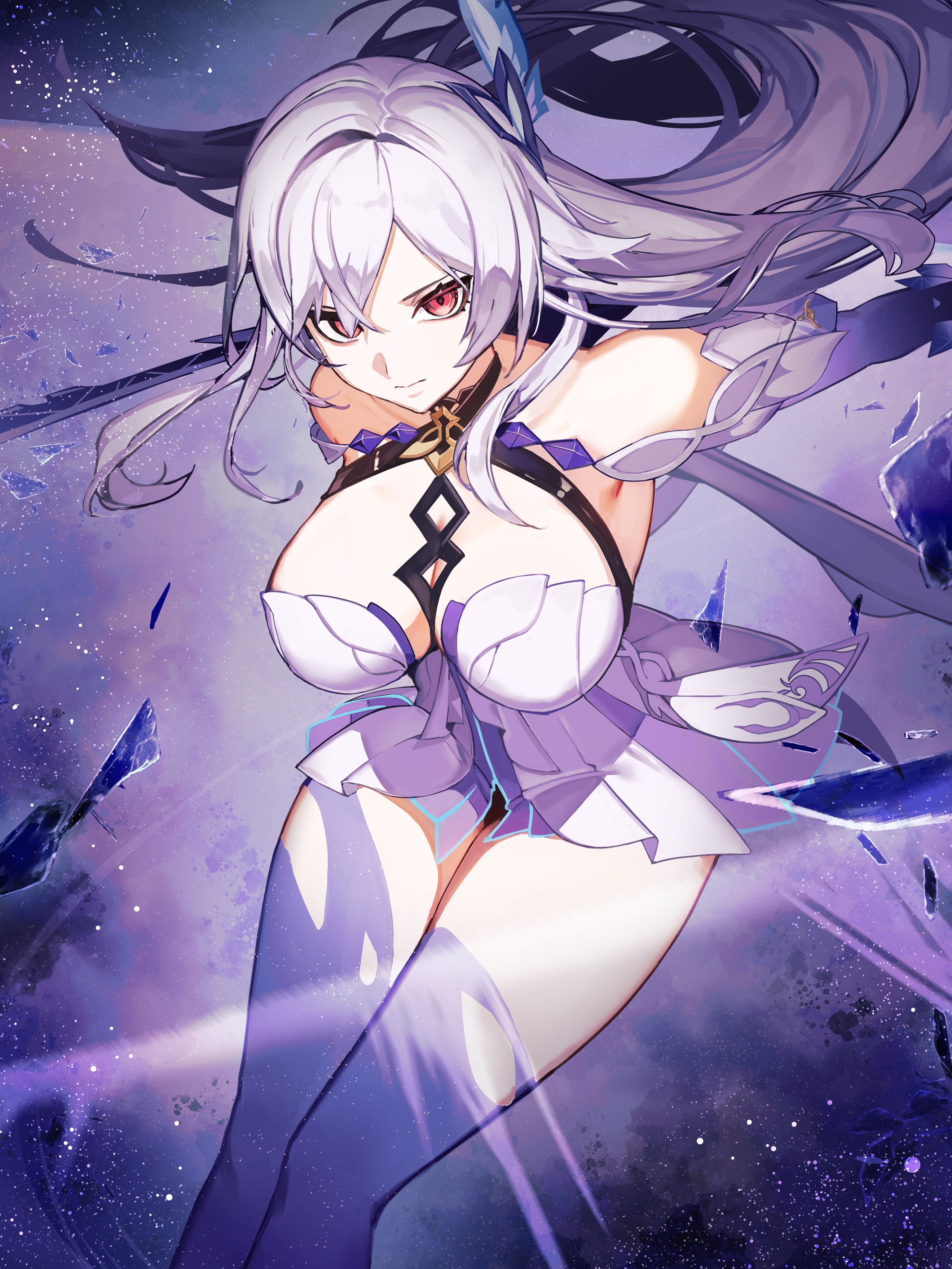 1girls, absurdres, big breasts, breasts, chest harness, cleavage, closed mouth, commentary, dress, female, female only, floating hair, genshin impact, harness, highres, holding, holding sword, holding weapon, huge breasts, large breasts, light-skinned female, long hair, looking at viewer, mikeekakiaka2, purple hands, purple thighhighs, red eyes, serious, skirk (genshin impact), sky, solo, star (sky), starry sky background, sword, thighhighs, weapon, white dress, white hair