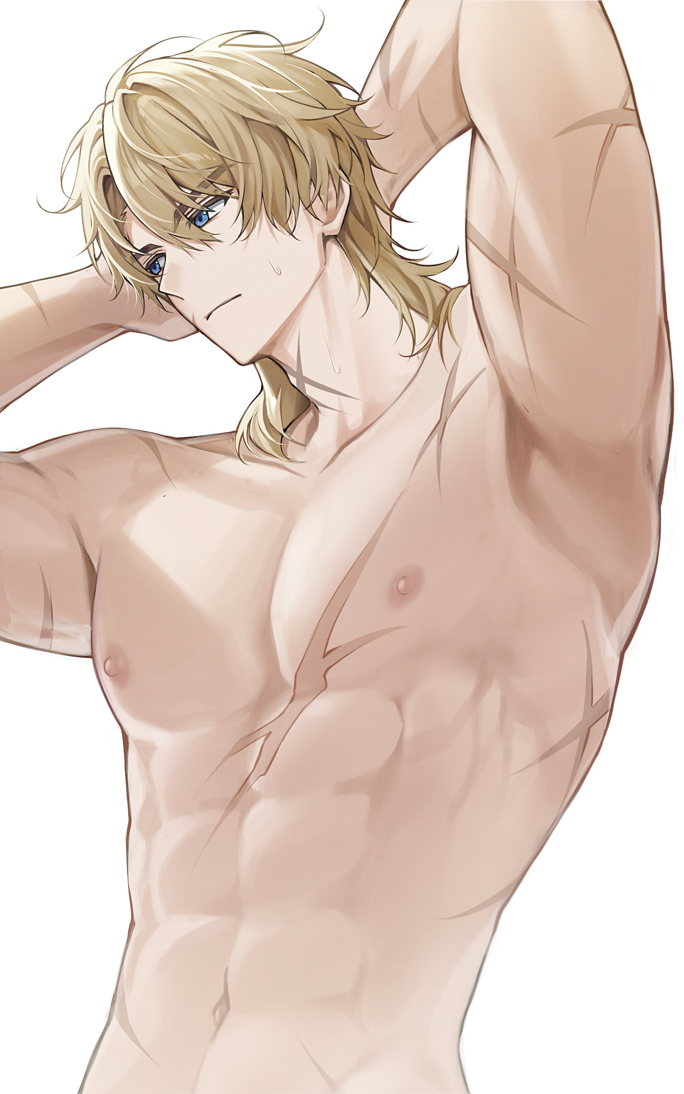 1boy, 1male, 1man, abs, adams apple, armpits, arms behind head, arms up, belly button, biceps, big chest, blonde male, blonde-haired male, blue eyes, bored expression, cute expression, cute male, daddy, genshin impact, hands behind head, hands on head, handsome, handsome man, hot man, juicy pecs, light-skinned male, looking away, male, male only, meropi, messy hair, muscular, muscular male, pink nipples, scar, scar on chest, scar on face, scar on neck, scarred body, scars, scars all over, shaved body, shirtless, short hair, short-haired male, skinny waist, solo, solo male, standing, sweat, sweatdrop, sweating, varka (genshin impact), yummy