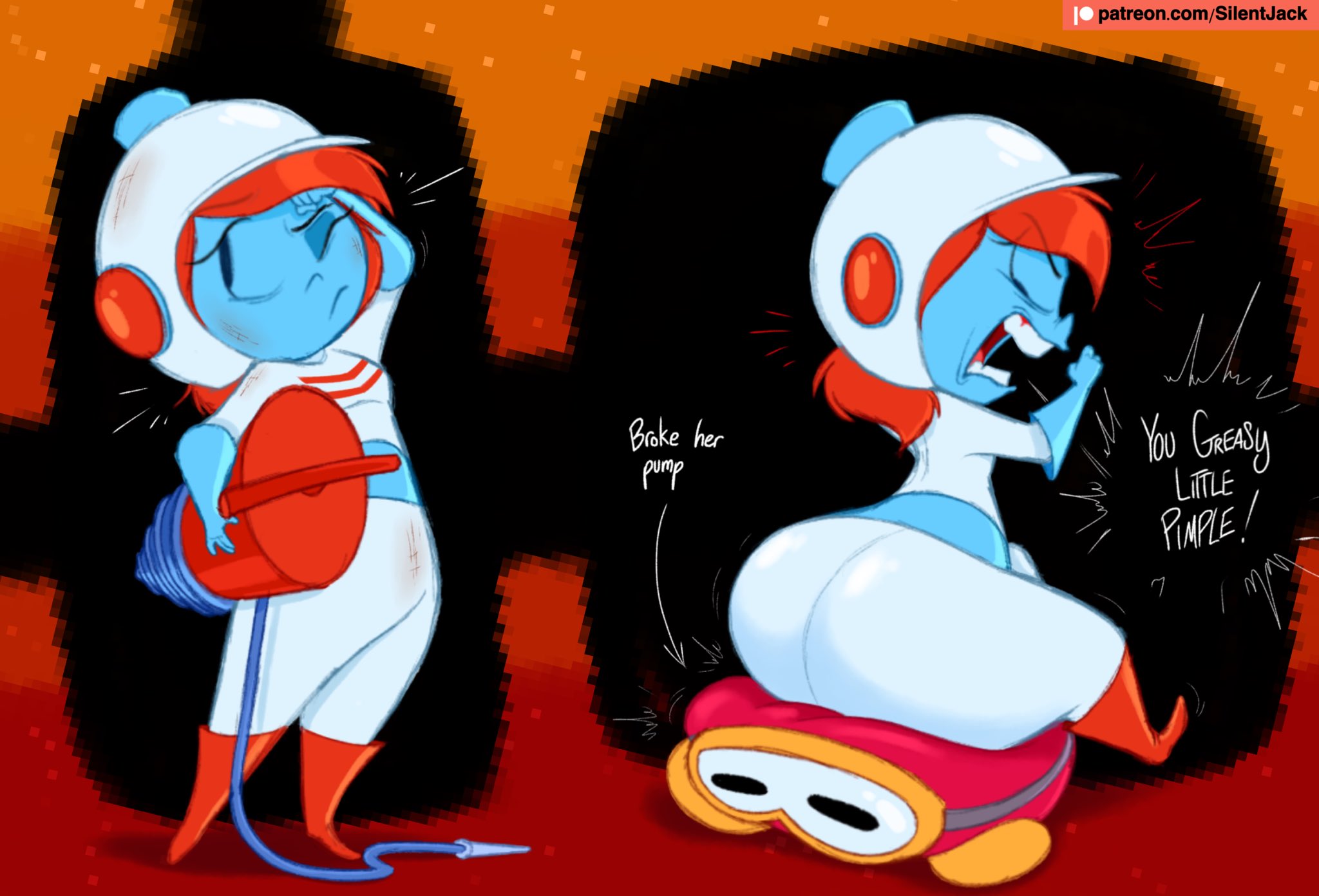 1girls, 2025, air pump, angry, angry expression, angry face, angry female, ass, ass bigger than head, ass bigger than torso, big ass, blue skin, blue skinned female, bottom heavy, clothed, clothed female, dialogue, dig dug, dirty clothing, female, hand on forehead, helmet, hi res, imminent expansion, imminent inflation, looking back, movement lines, ms. dig dug, namco, one eye closed, onomatopoeia, patreon url, pixelated background, plump female, pooka (dig dug), pump, red hair, red-haired female, redhead female, rubber boots, rubber gloves, rule 63, silentjack8, sitting on another, solo female, spicyjack8, taizo hori, talking to another, text, thick thighs, wide hips, wiping sweat