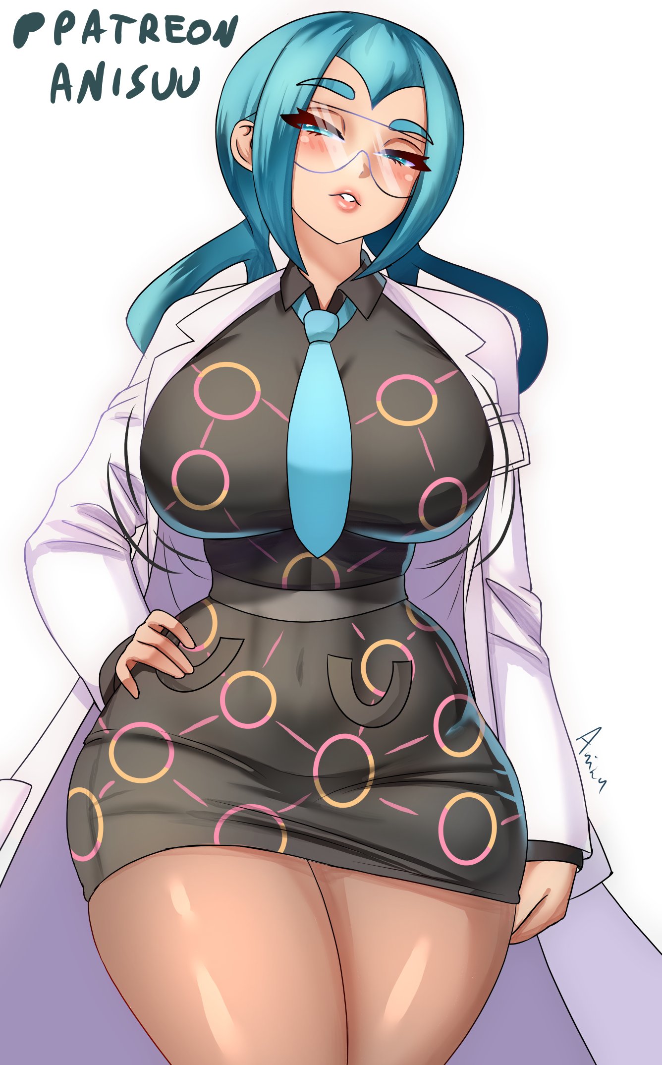 1girls, anisdrawn, blue hair, breasts, female, female focus, female only, game freak, hi res, labcoat, large breasts, light skin, light-skinned female, looking at viewer, mable (pokemon legends: z-a), mable (pokemon), momiji (pokemon legends: z-a), momiji (pokemon), nintendo, pokemon, pokemon legends: z-a, solo, thick thighs, thighs, wide hips