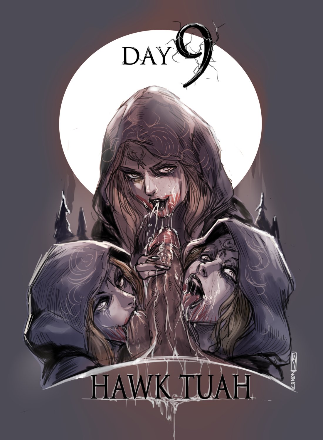 1boy, 2025, 2d, 3girls, balls sucking, bela (resident evil), big penis, blonde hair, capcom, cassandra (resident evil), daniela (resident evil), english text, faymantra, fellatio, female, female focus, hawk tuah, huge cock, inktober, inktober 2025, inktober 2025 (faymantra), large penis, male, meme, multiple girls, penis, resident evil, resident evil 8: village, saliva, straight, text