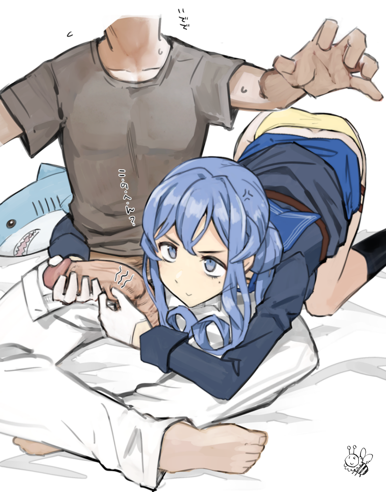 1boy admiral_(kantai_collection) anger_vein bangs barefoot bed_sheet bent_over black_legwear blahaj blue_eyes blue_hair closed_mouth erection female gloves gotland_(kantai_collection) hair_between_eyes hair_bun headless holding ikea ikea_shark kantai_collection long_sleeves military military_uniform mole mole_under_eye panties penis pinching sailor_collar sakura_(medilore) signature simple_background sitting smile straight stuffed_animal stuffed_shark stuffed_toy sweat sweatdrop translation_request underwear uniform white_background white_gloves