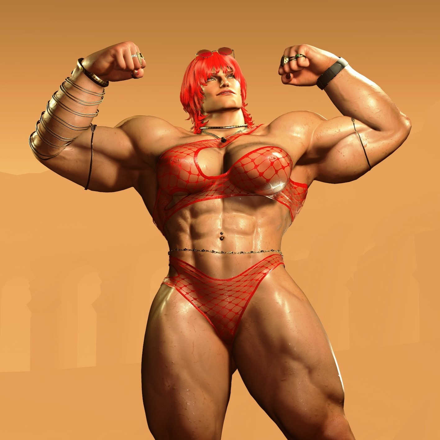 3d, breasts, busty, capcom, female, female focus, female only, hourglass figure, hyper muscles, itsb00, marisa rossetti, mod, muscles, muscular, muscular female, piercing, pinup, pinup pose, red hair, see-through, see-through clothing, skimpy, skimpy clothes, street fighter, street fighter 6, tagme, wide hips