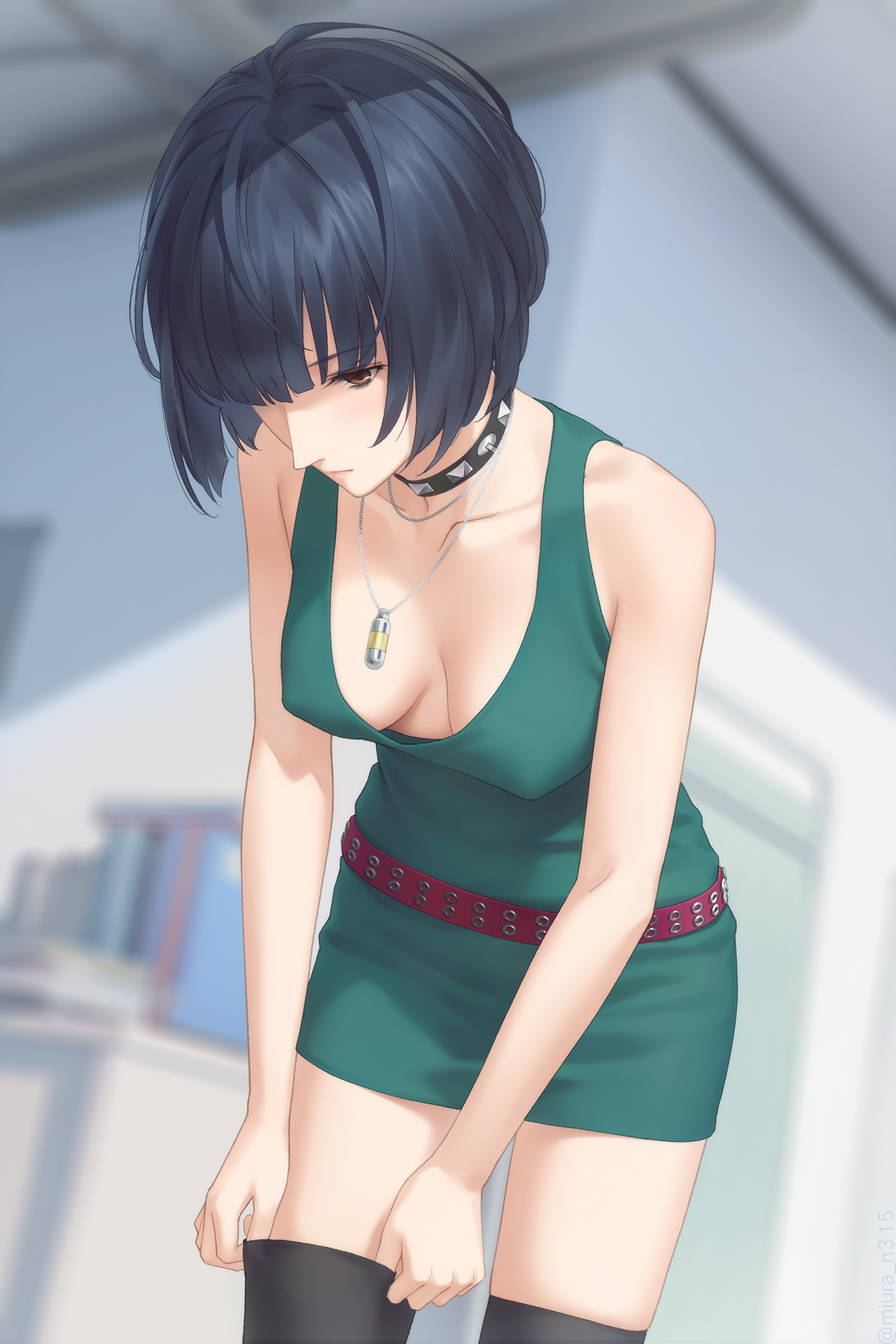 1girls, belt, blue hair, blurred background, breasts, brown eyes, dress, female, medium breasts, miura-n315, persona, persona 5, tae takemi, thighhighs