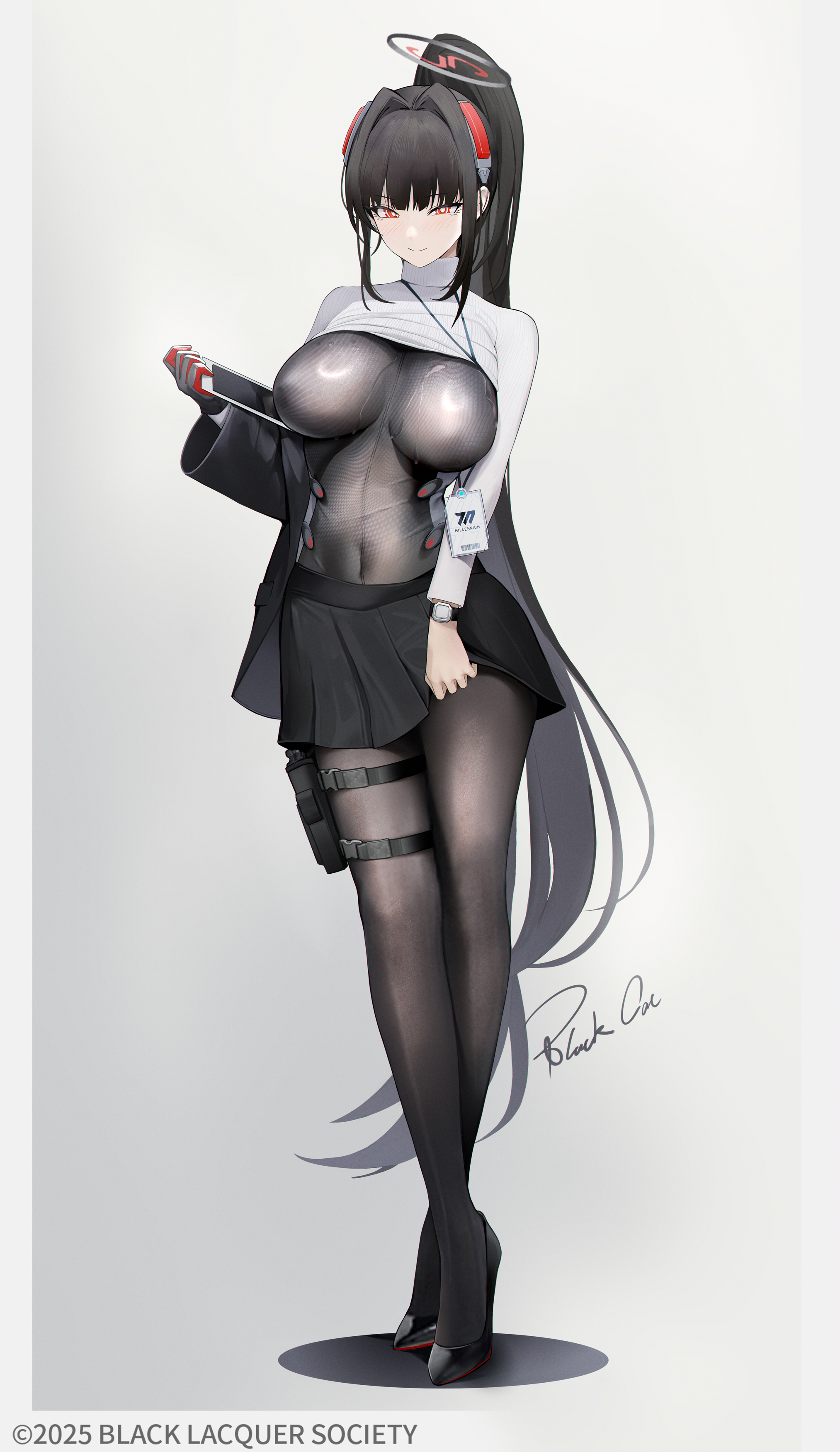 blue archive, bodysuit, heimaoart, navel visible through clothes, rio (blue archive), see-through, see-through clothing, skirt