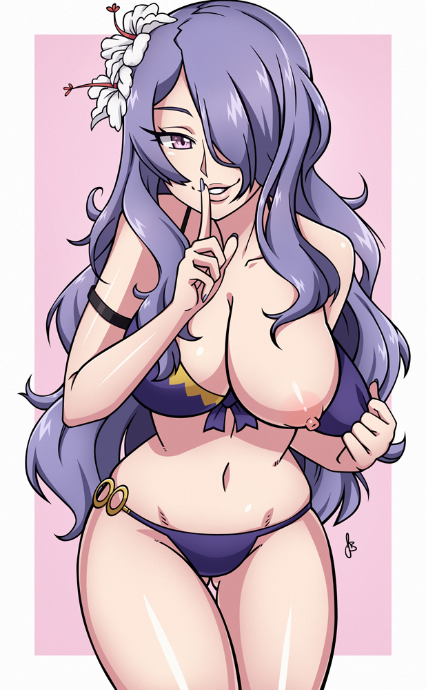 armlet, ass visible through thighs, bikini, breasts, camilla (fire emblem), cleavage, dmy-gfx, eyelashes, female, finger to mouth, fire emblem, fire emblem fates, fire emblem heroes, flashing, flower, front-tie bikini, hair flower, hair ornament, hair over one eye, large breasts, long hair, nail polish, navel, nipples, o-ring bikini, o-ring bottom, off shoulder, one breast out, pink background, pink eyes, purple hair, purple nails, simple background, smile, swimsuit, thigh gap, very long hair, white border