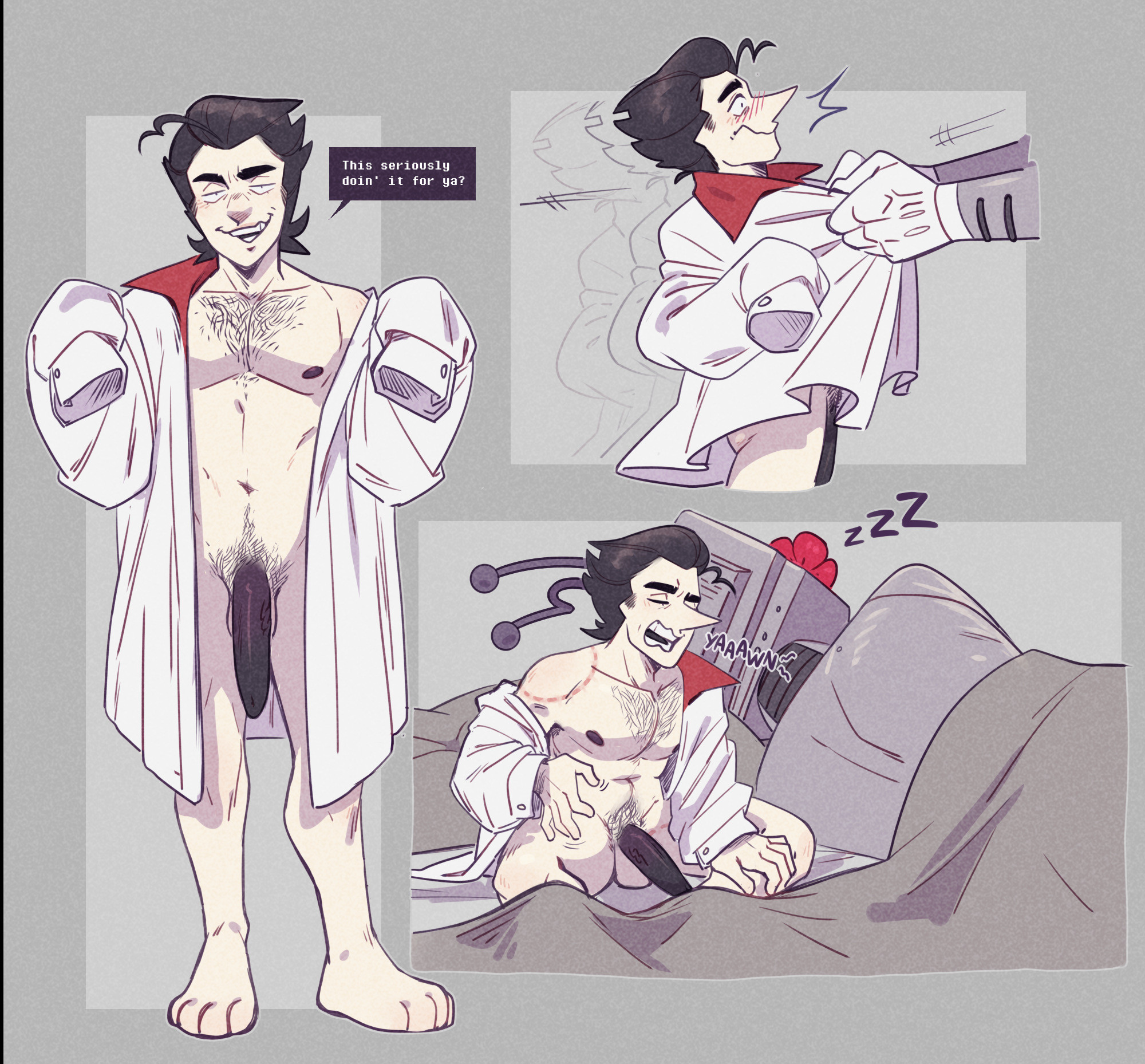 bite mark, colored penis, deltarune, gay, gay sex, johnnywilcocks, male, manhandling, naked male, oversized clothes, penis, size difference, spamton g spamton, tenna (deltarune)