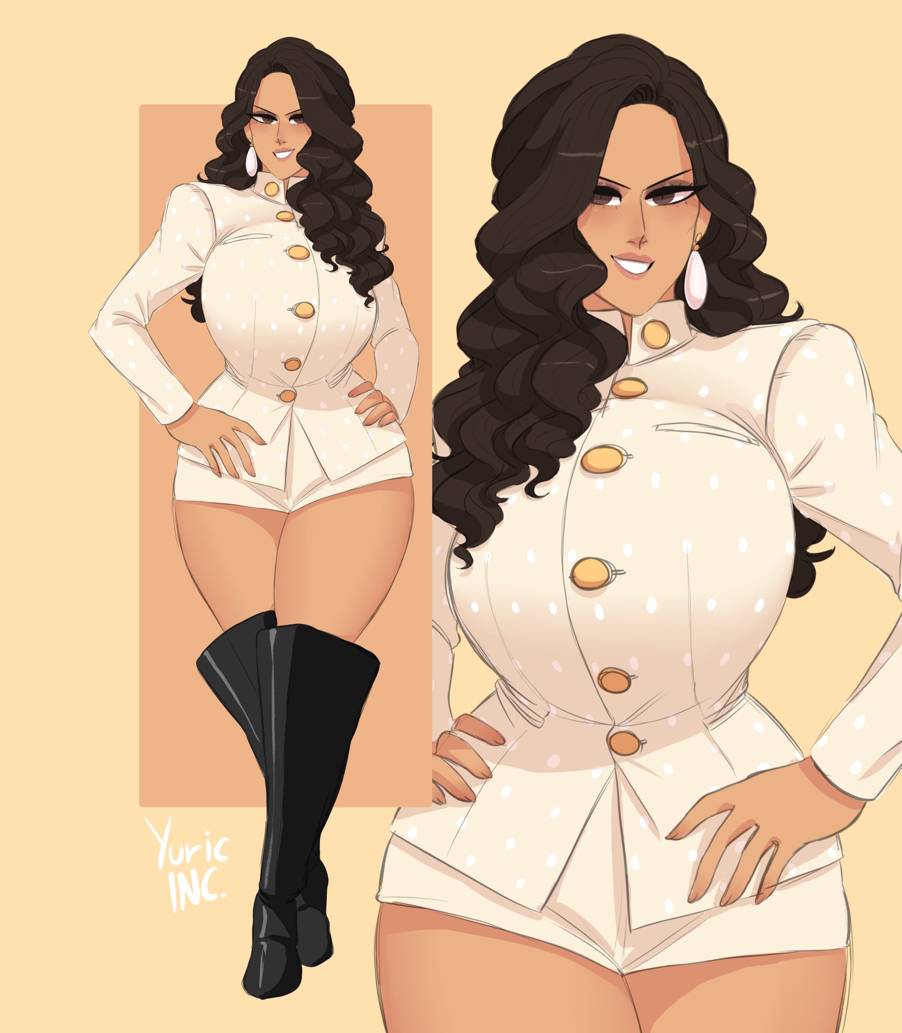 1girls, artist name, ass, ass bigger than head, big ass, big breasts, boots, breasts, breasts bigger than head, brown eyes, brown hair, busty, buttons, clothing, country inc (yuric inc), earrings, eyebrows, eyelashes, eyeliner, eyeshadow, female, female only, gigantic ass, gigantic breasts, hands on hips, hourglass figure, huge ass, huge breasts, jacket, large ass, large breasts, latina, lip gloss, long hair, looking at viewer, makeup, mascara, massive ass, massive breasts, national personification, smile, smiling at viewer, thick thighs, thighs, thunder thighs, tight clothing, venezuela (yuric inc), voluptuous, watermark, wide hips, yellow background, yuric inc