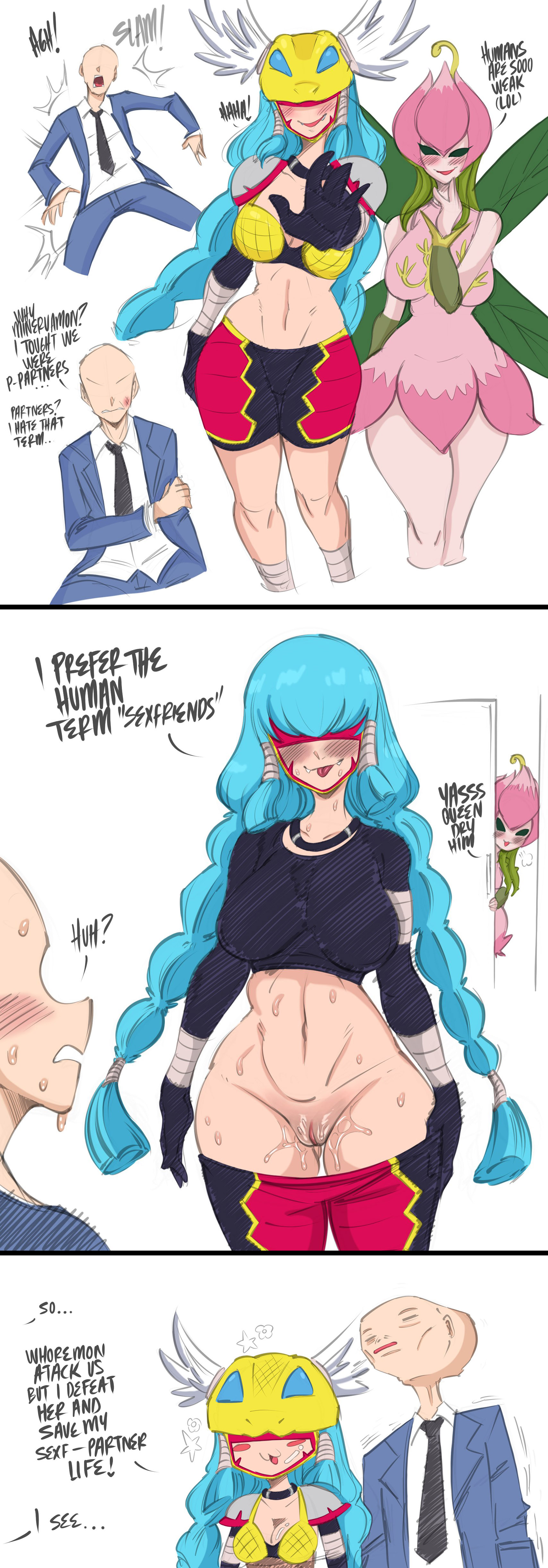 :3, 1boy, 2girls, absurd res, after sex, aqua hair, bald male, bandai namco, blep, blush, color, colored, dialogue, digimon, digimon (species), dominant female, english text, eyeless male, female, femdom, gonzalo costa, guy tired after sex (meme), heavy blush, human, light skin, light-skinned female, light-skinned male, lillymon, long hair, male, meme, minervamon, pants down, pussy, saltyxodium, sweat, three panels, twin braids, undressing, voluptuous, voluptuous female, wet pussy, white background
