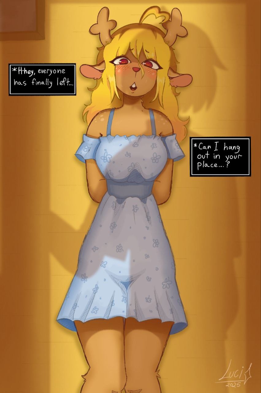 anthro, antlers, blonde, blonde female, blonde hair, blonde-haired female, brown body, brown fur, comic, deltarune, dialogue, dialogue box, dress, english text, female, hooves, kris (deltarune), luci star, no visible genitalia, noelle holiday, red eyes, red nose, shaded, shadow, unguligrade, unguligrade anthro