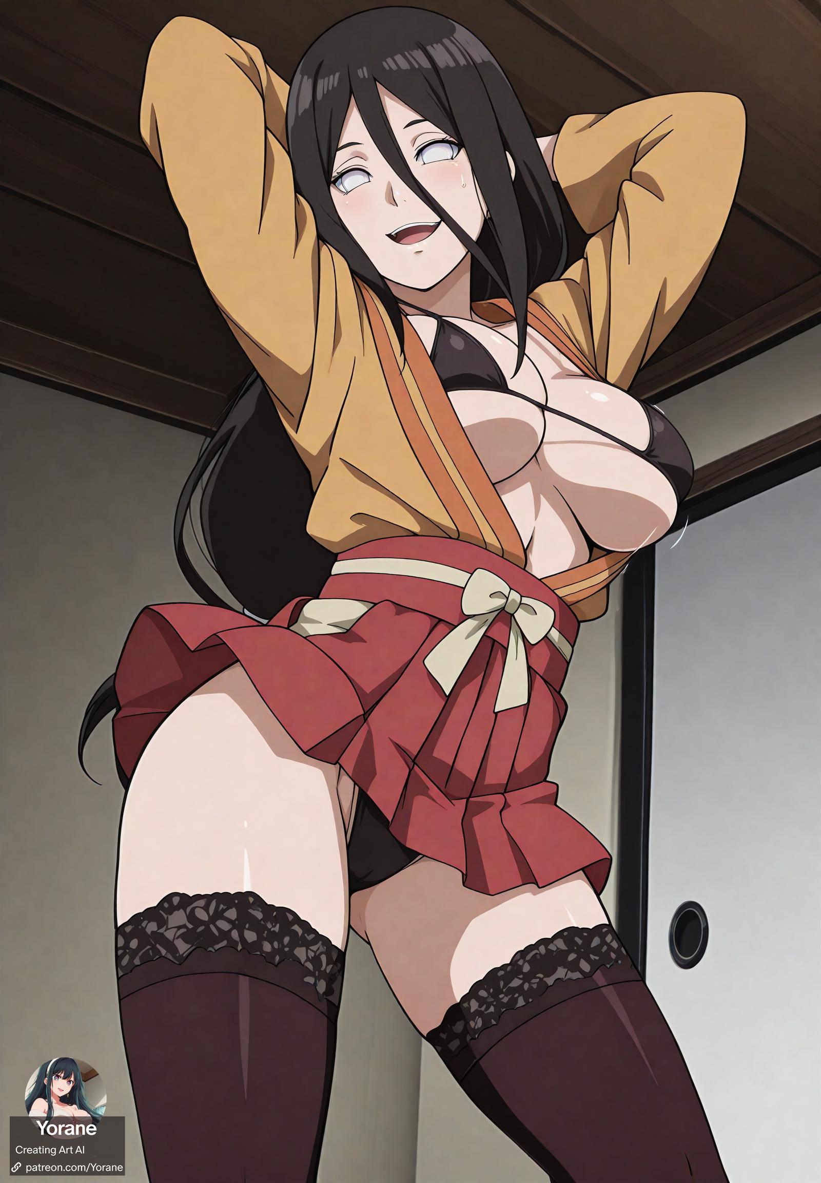 1girls, ai generated, arms behind head, bare chest, bare legs, bare shoulders, bare thighs, belt, bending over, bent over, big breasts, blush, boruto: naruto next generations, bra, breasts, brown hair, busty, clothed, clothed female, clothing, curvaceous, female, female only, front view, huge breasts, hyuuga hanabi, kimono, leaning, leaning forward, legs together, long hair, looking at viewer, low ponytail, low-tied long hair, miniskirt, naruto, naruto (series), no bra, no bra under clothes, nose blush, obi, open clothes, open kimono, oppai, panties, pink lips, pinup, pupilless eyes, revealing clothes, ribbon, sash, skimpy, skimpy clothes, skindentation, skirt, smooth skin, solo, solo focus, standing, stockings, teasing, thick thighs, thighs, underwear, upper body, url, very long hair, violet eyes, voluptuous, watermark, web address, wide hips, wide sleeves, yorane, yukata