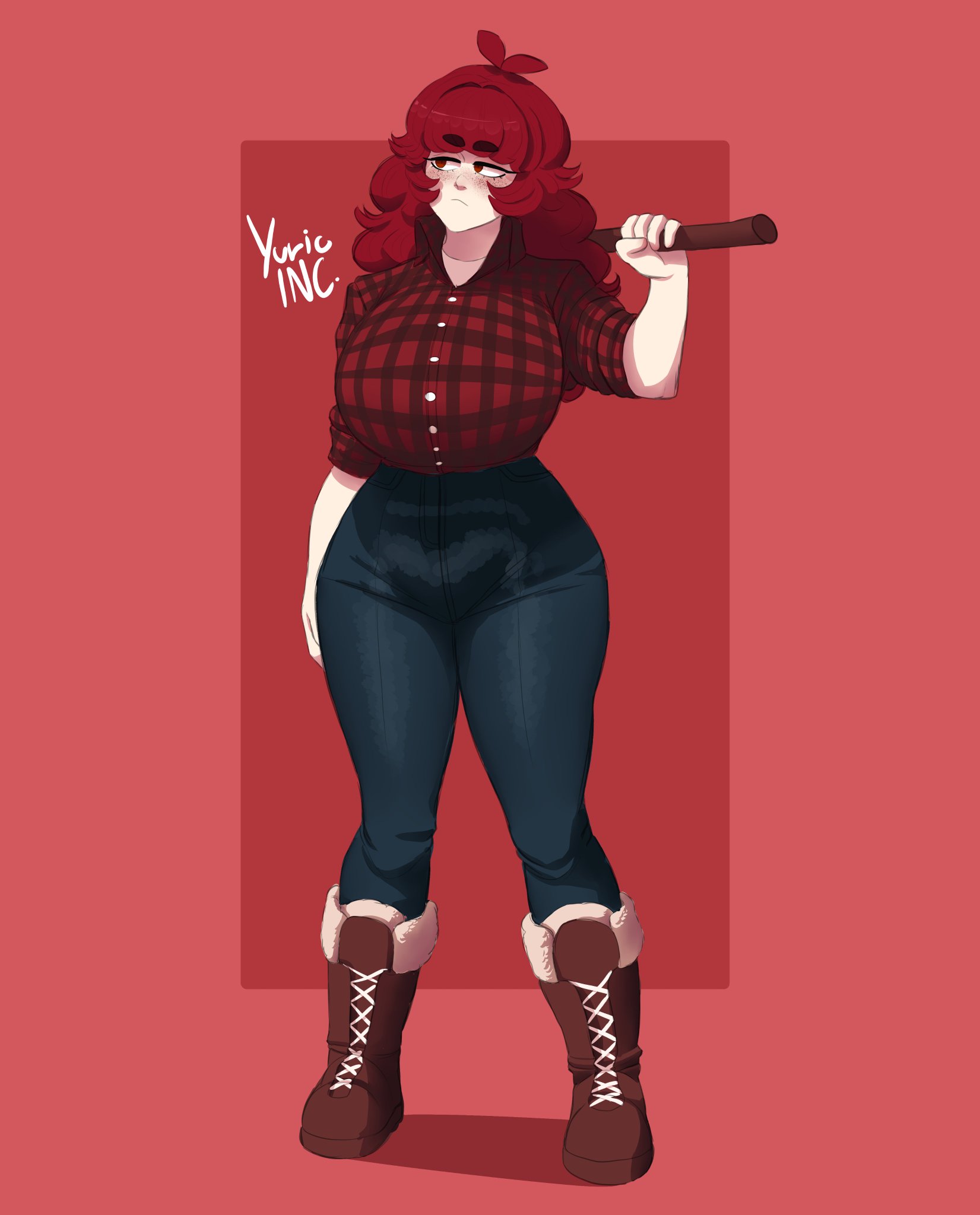 1girls, artist name, ass, ass bigger than head, axe, big ass, big breasts, boots, breasts, breasts bigger than head, busty, buttons, canada (yuric inc), country inc (yuric inc), eyelashes, female, female only, flannel, flannel shirt, freckles, gigantic ass, gigantic breasts, hazel eyes, hourglass figure, jeans, large ass, large breasts, light skin, light-skinned female, long hair, massive ass, massive breasts, national personification, red background, red hair, small waist, thick thighs, thighs, thunder thighs, tight clothing, voluptuous, watermark, white skin, wide hips, yuric inc