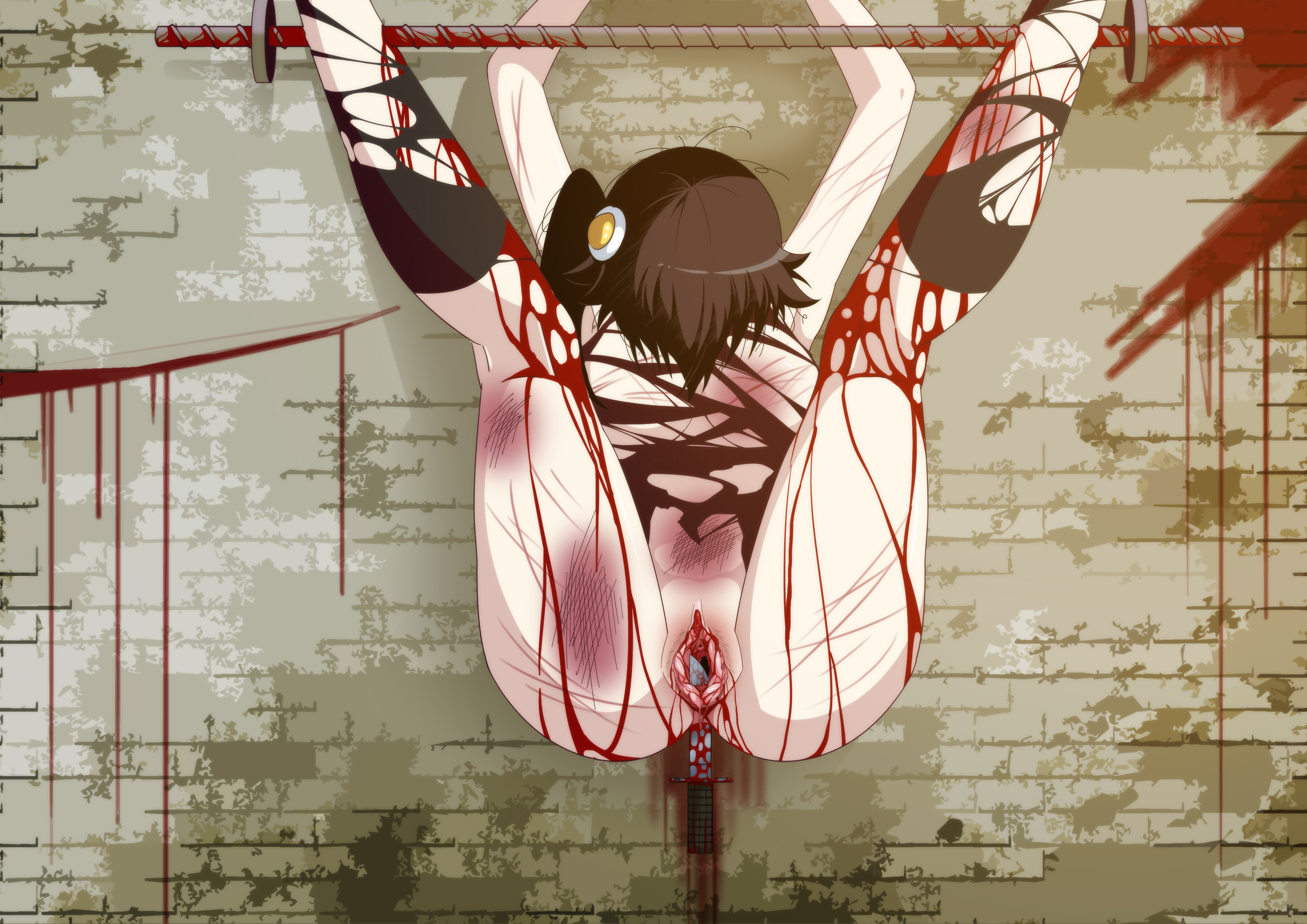 araragi karen, black hair, blood, bondage, breasts, bruise, bruised leg, clitless, egg hair ornament, female, female circumcision, female genital mutilation, functionally nude, gore, guro, gurowing, knife, knife in pussy, knife insertion, labia, legs up, legwear, light-skinned female, monogatari (series), ponytail, pussy, pussy torture, ryona, teenager, this is your life now, torn clothes, torn legwear, torn shirt, torture, uncensored