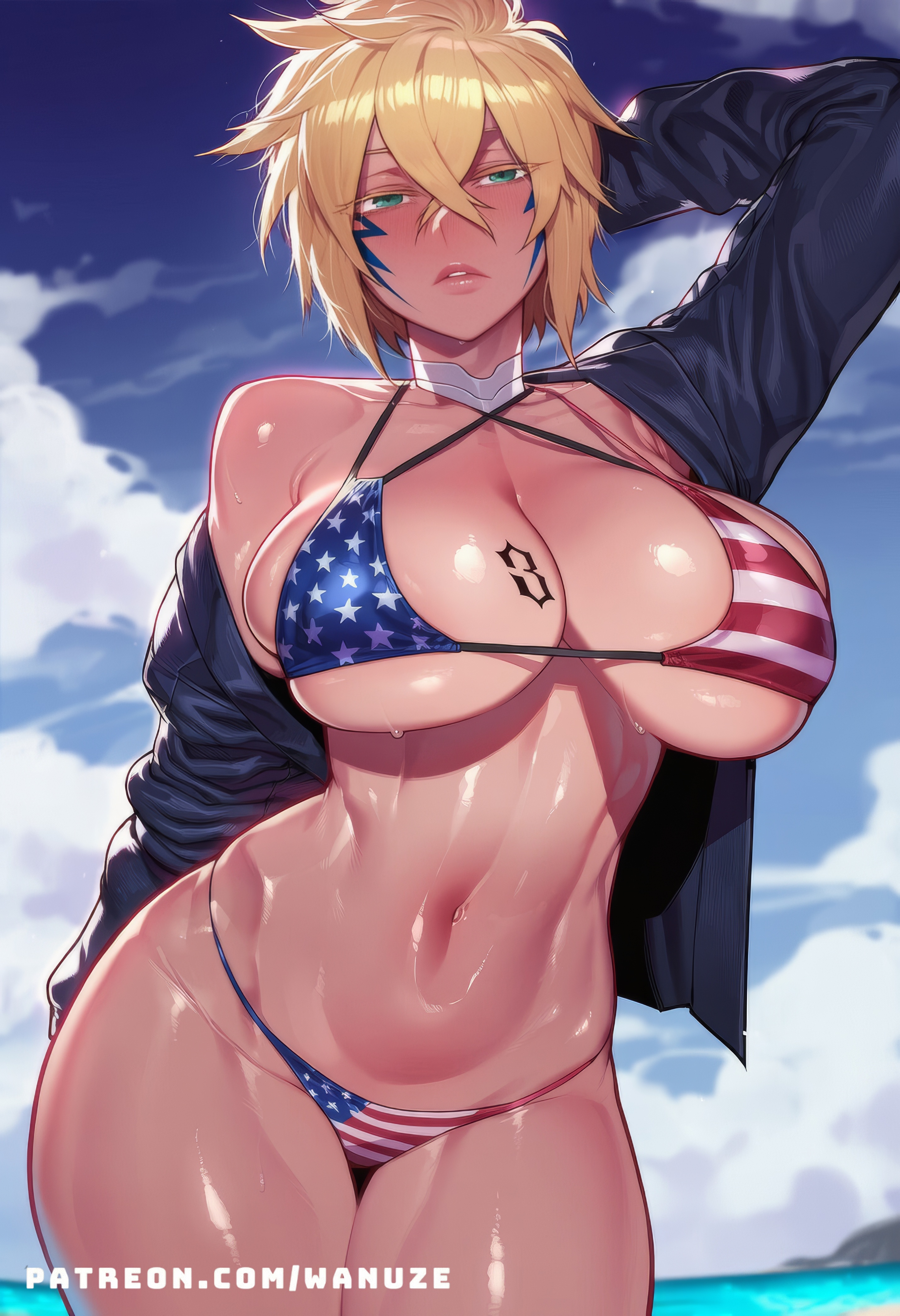 1girls, ai generated, american flag bikini, beach, big ass, big breasts, big butt, big thighs, bleach, blush, breast tattoo, breasts, dark skin, dark-skinned female, facial mark, female, female only, huge ass, huge breasts, huge butt, huge thighs, interracial, solo, tan-skinned female, tattoo, tia harribel, tier harribel, wanuze, wide hips