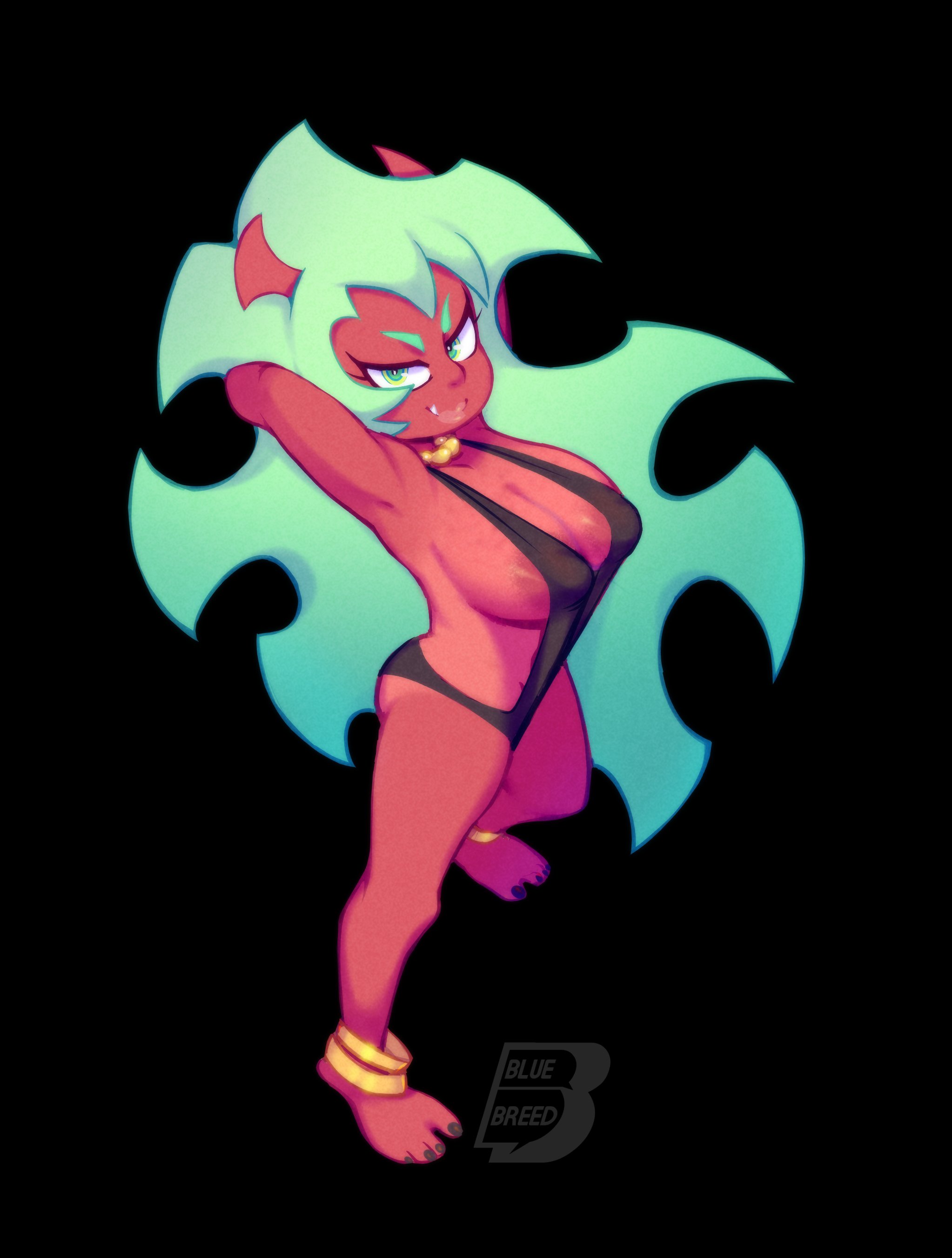 black background, bluebreed, breasts, demon, demon girl, female, female only, functionally nude, green eyes, green hair, huge breasts, long hair, panty & stocking with garterbelt, red skin, scanty daemon, smile, solo, solo focus