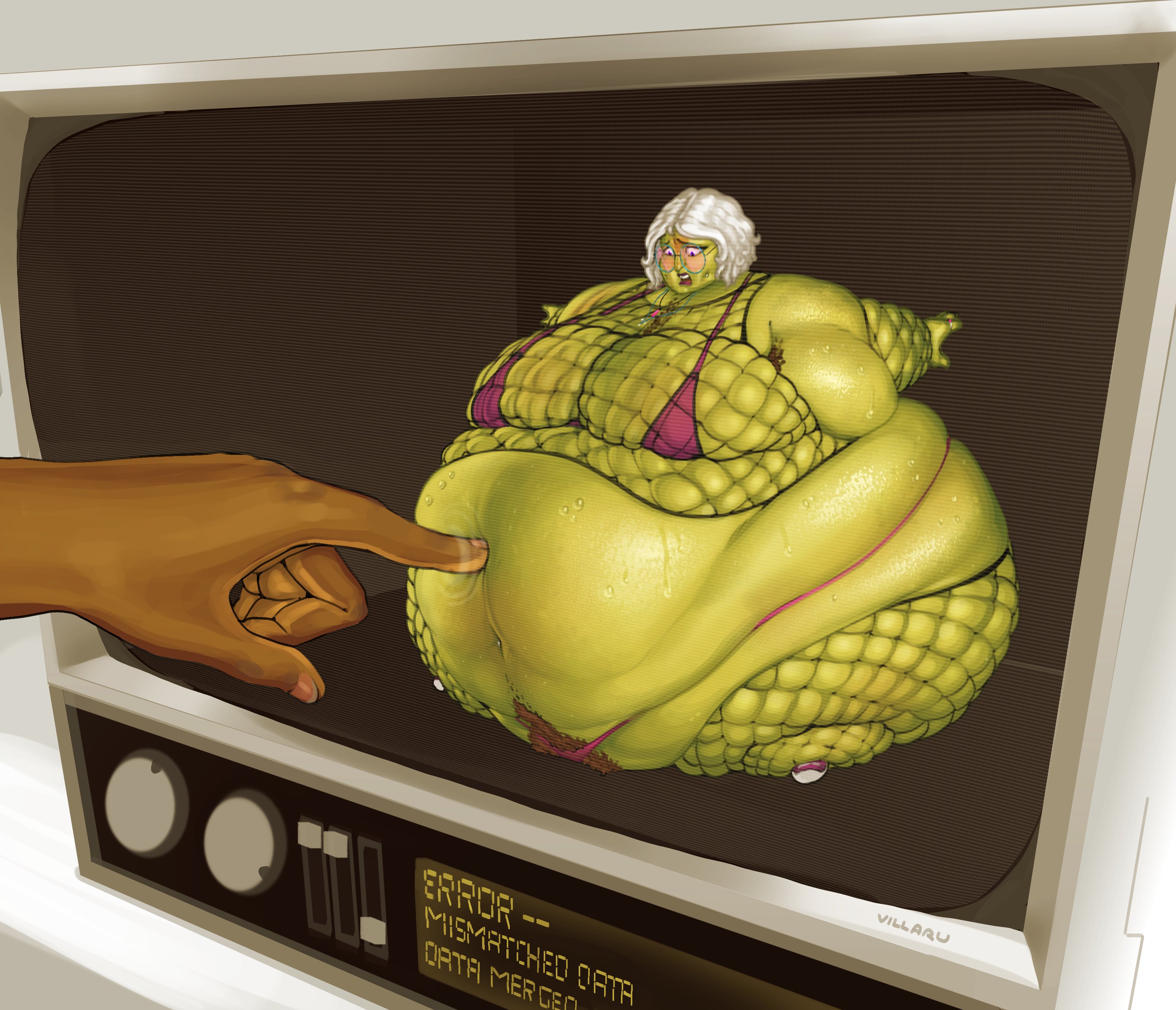 1girls, 2025, 2d, 2d (artwork), absurd res, absurd resolution, absurdres, armpit hair, belly, belly folds, belly overhang, belly poke, belly rolls, belly touching ground, blue eyes, blue-eyed female, bob cut, borrowed character, breast rest, breasts, breasts on belly, carpet not matching drapes, cheek piercing, color, colored, commission, crystal necklace, dark skin, dark-skinned female, digital media (artwork), dimple piercing, dimples, duo, dyed hair, embarrassed, embarrassed female, english text, enormous belly, enormous breasts, expansion, extreme size difference, facial piercing, fat, fat arms, fat belly, fat breasts, fat female, fat folds, fat hands, fat legs, fat rolls, fat thighs, female, female focus, fishnet armwear, fishnet clothing, fishnet legwear, fishnet shirt, fishnet topwear, fishnets, food transformation, fruit, fruit girl, fruit transformation, full body inflation, gigantic breasts, gigantic thighs, glasses, glistening, glistening belly, glistening body, glistening breasts, glistening skin, green skin, green-skinned female, hand, happy trail, hi res, high resolution, highres, huge belly, huge breasts, huge legs, huge thighs, humiliated, humiliation, hyper, hyper belly, hyper fat, immobile, inflation, leg rolls, looking down, micro, micro female, microblob, navel, navel piercing, necklace, nipple bulge, no agency, oc, open mouth, original character, parted hair, pear, pear inflation, pear shaped, pear shaped female, pear-shaped figure, pink bikini, pink bra, pink shoes, pink sneakers, pink thong, poking, poking belly, purple lips, purple lipstick, revealing clothes, ring, ripples, round glasses, scantily clad, shocked, shocked expression, shoes, short hair, short-haired female, size difference, skimpy bikini, skimpy clothes, skindentation, sneakers, solo focus, spherical inflation, stud piercing, sunken limbs, sweat, sweatdrop, sweating, sweating female, sweating profusely, sweaty, sweaty belly, sweaty body, television, television screen, text, thong, thong bikini, three-quarter view, tight clothing, tinted eyewear, tinted glasses, tiny, tiny female, too big to move, transformation, undersized clothes, vertical navel, villaru, wavy hair, white hair, white-haired female, willy wonka and the chocolate factory