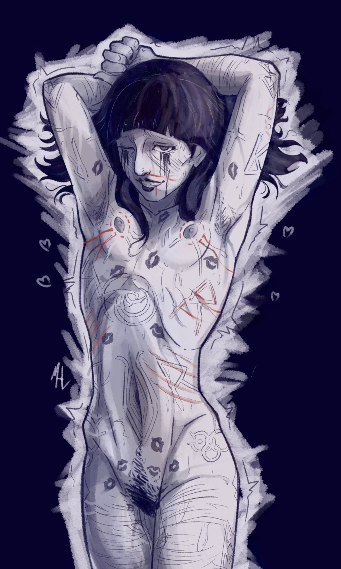1girls, ardentdreamz, armpit hair, armpits, arms behind head, arms up, breasts, bush, bushy pubes, crying, crying with eyes open, fanart, fear and hunger, fear and hunger: termina, female, female only, flat chest, flat chested, hairy pussy, kiss mark, lipstick mark, lipstick marks, nude, pinup, presenting, pubic hair, pussy, samarie (fear and hunger), scarification, scars, small breasts, solo, tiny breasts