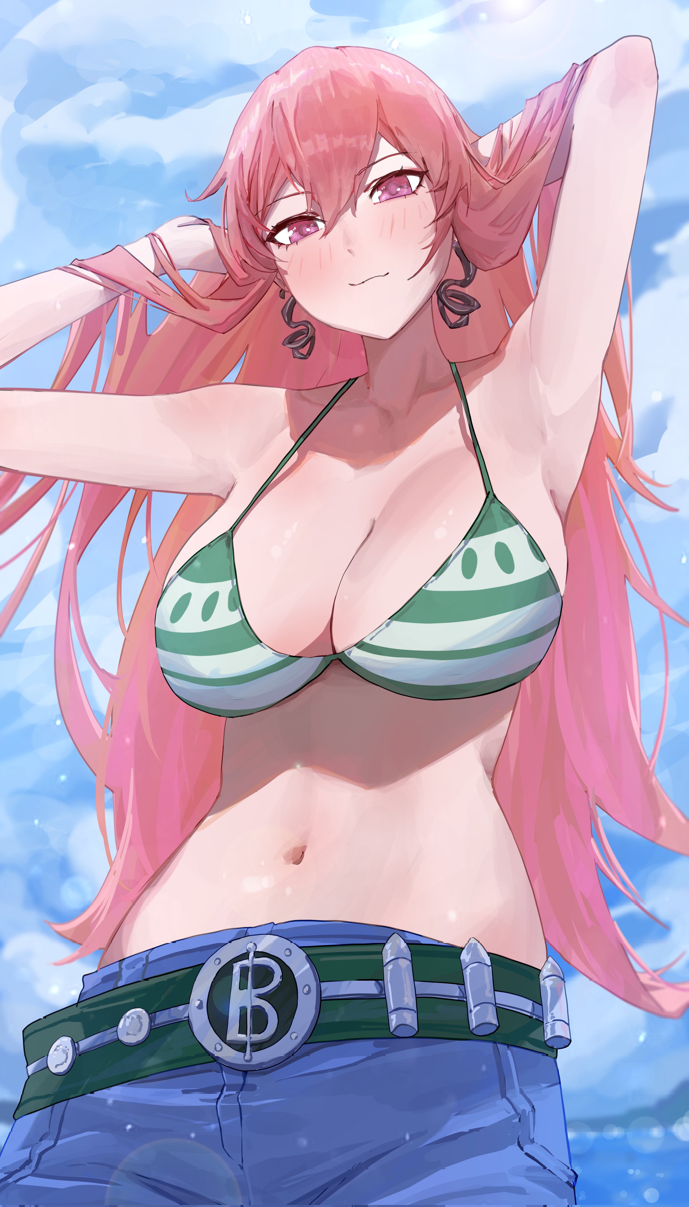 absurdres, adjusting hair, alternate costume, armpits, bare arms, bare shoulders, belt, bikini, bikini top only, blush, breasts, cleavage, collarbone, commentary, commission, cosplay, crossover cosplay, denim, double-parted bangs, earrings, english commentary, female, female only, from below, highres, jeans, jewelry, large breasts, looking at viewer, nami (one piece), nami (one piece) (cosplay), navel, one piece, pants, phase connect, pink eyes, pink hair, runie ruse, second-party source, sky, smile, solo, stomach, swimsuit, virtual youtuber, yoellim5