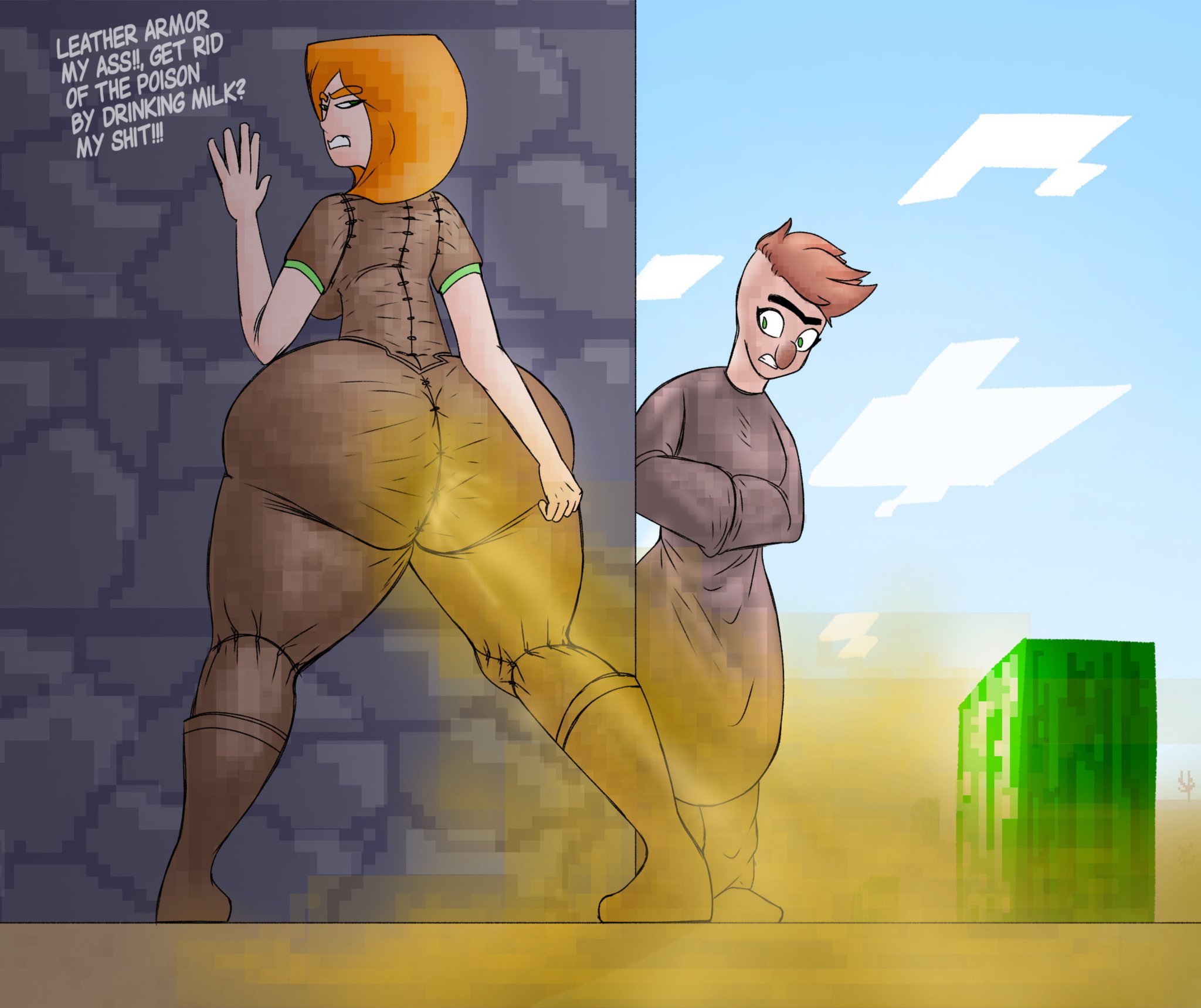 2girls, alex (minecraft), angry, big ass, big nose, brown hair, desert, fart, fart fetish, farting, female, leather clothing, minecraft, mrwastemaster, orange hair, text, villager (minecraft)