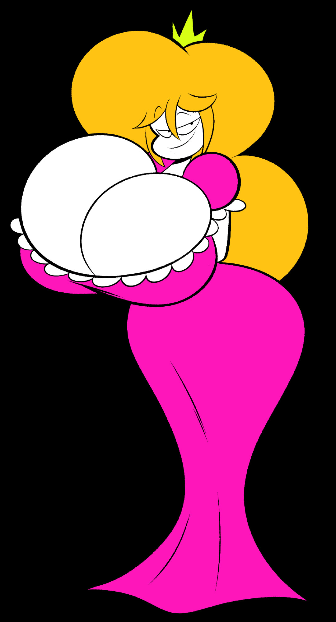 arms behind back, big breasts, black background, blonde hair, breasts, crown, female, huge breasts, large breasts, long hair, oboithisisfunky, pink dress, princess, princess backache, princess libiris ubera, smirk, tagme, wide hips