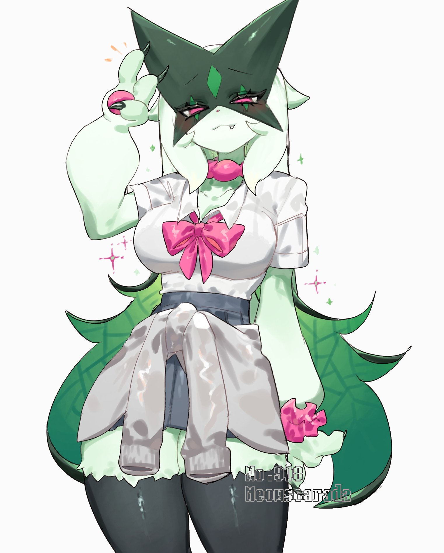 1girls, 3 fingers, clothed, clothing, cute fang, english text, female, female only, generation 9 pokemon, hi res, hoodie around waist, looking at viewer, meowscarada, narrowed eyes, nintendo, oerba yun fang, pink eyes, pokemon, pokemon (species), school uniform, sharp fingernails, smiling, smiling at viewer, solo, text, thick thighs, toge77789, togetoge, v sign, white background