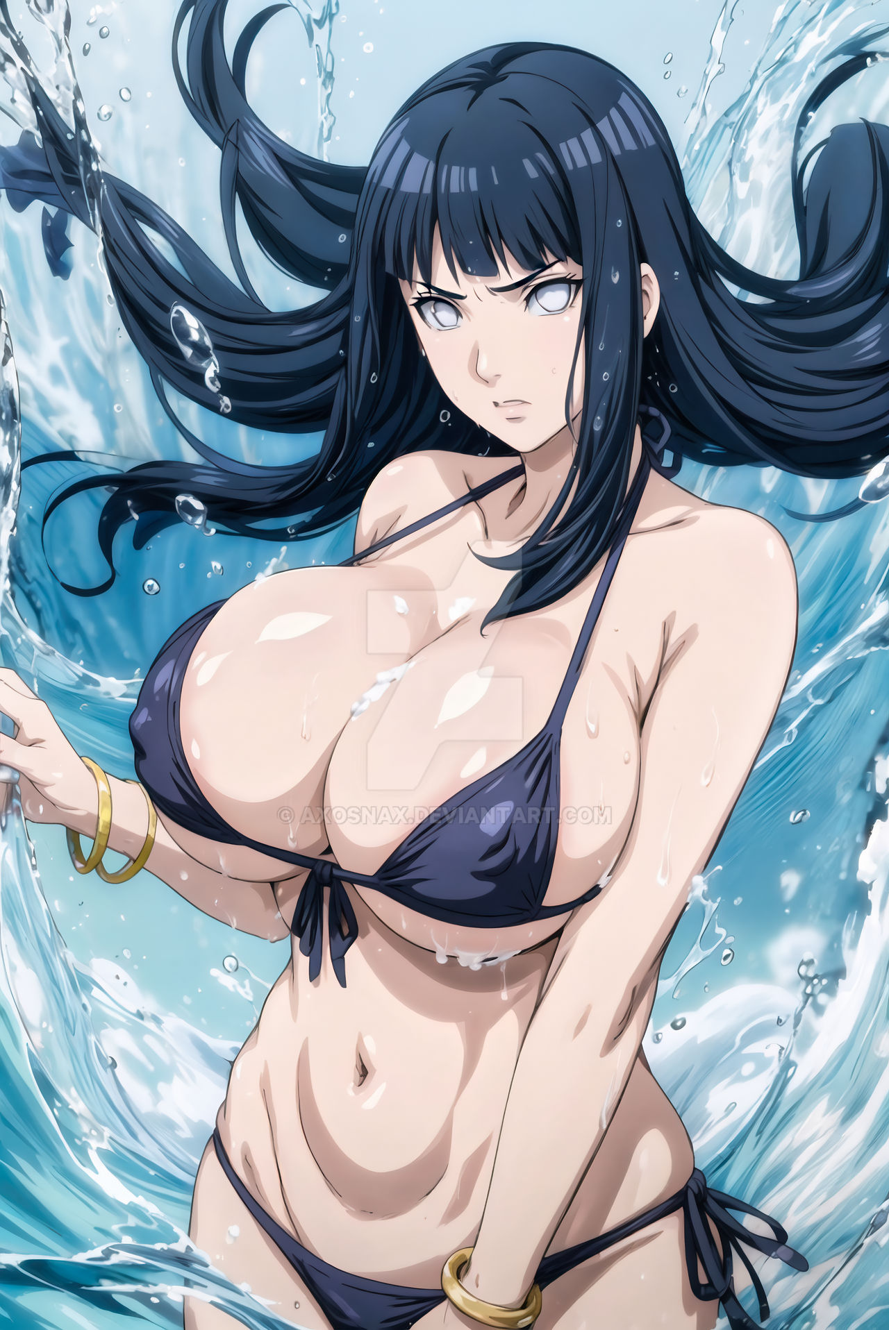 ai generated, axosnax, big breasts, bikini, bikini bottom, bikini top, blue hair, breasts, female, hyuuga hinata, in water, naruto, naruto (series), splashing, white eyes