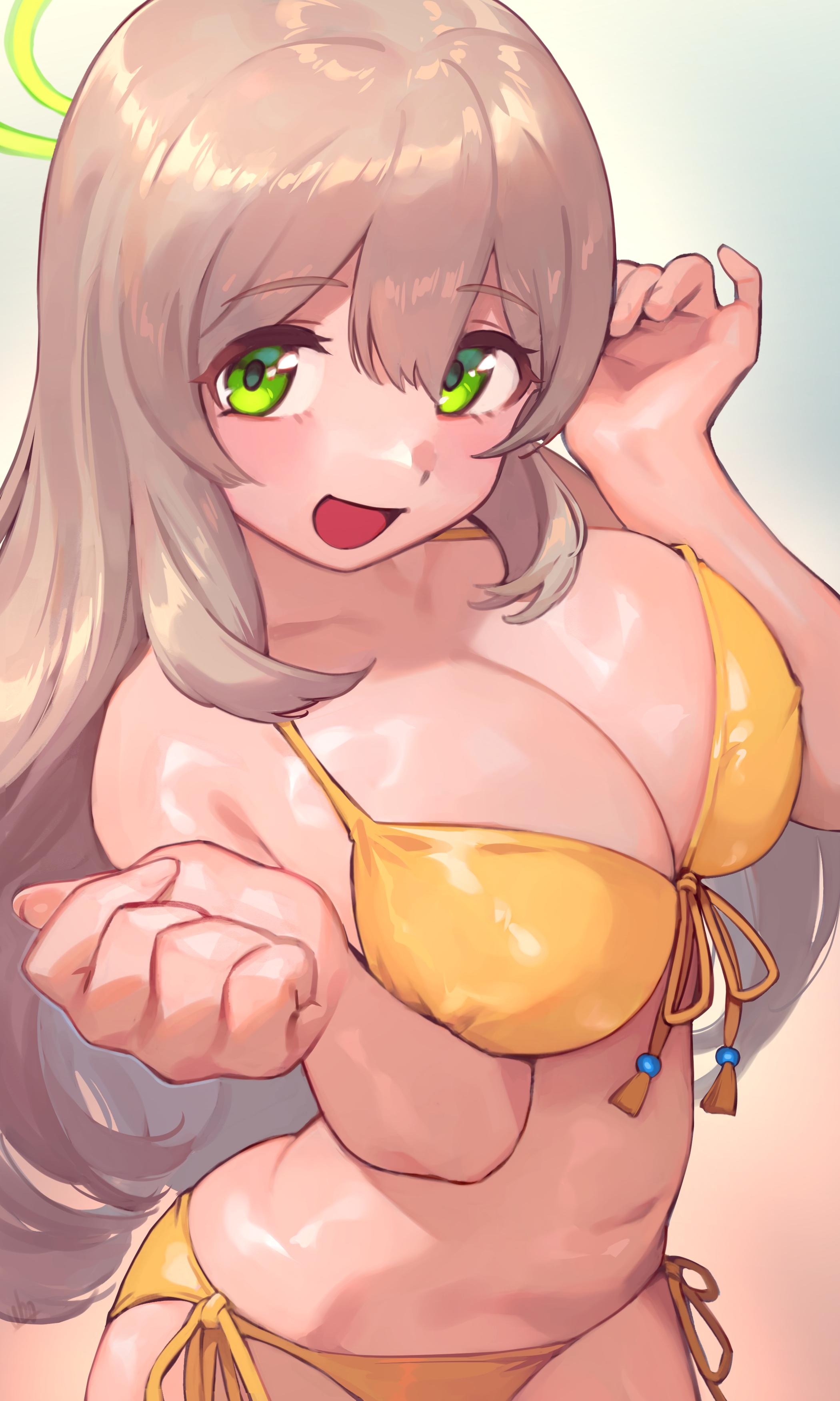 1girls, absurdres, abydos high school student, bikini, blue archive, blush, breasts, brown hair, cleavage, female, foreclosure task force (blue archive), front-tie bikini top, front-tie top, green eyes, green halo, hair between eyes, halo, hands up, highres, large breasts, long hair, looking at viewer, navel, nonomi (blue archive), nonomi (swimsuit) (blue archive), official alternate costume, open mouth, shiny skin, side-tie bikini bottom, simple background, smile, solo, stomach, swimsuit, ubo (ubo tales), yellow bikini