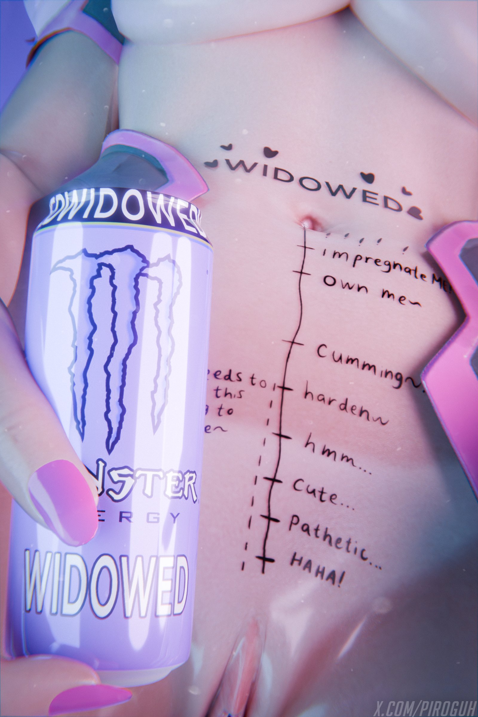 1girls, 3d, 3d (artwork), blizzard entertainment, body writing, breasts, d.va, english, english text, female, female focus, female only, light skin, light-skinned female, measuring penetration depth, medium breasts, midriff, monster energy, navel, overwatch, penetration depth mark, piroguh, pussy, shaved pussy, soda, soda can, underboob
