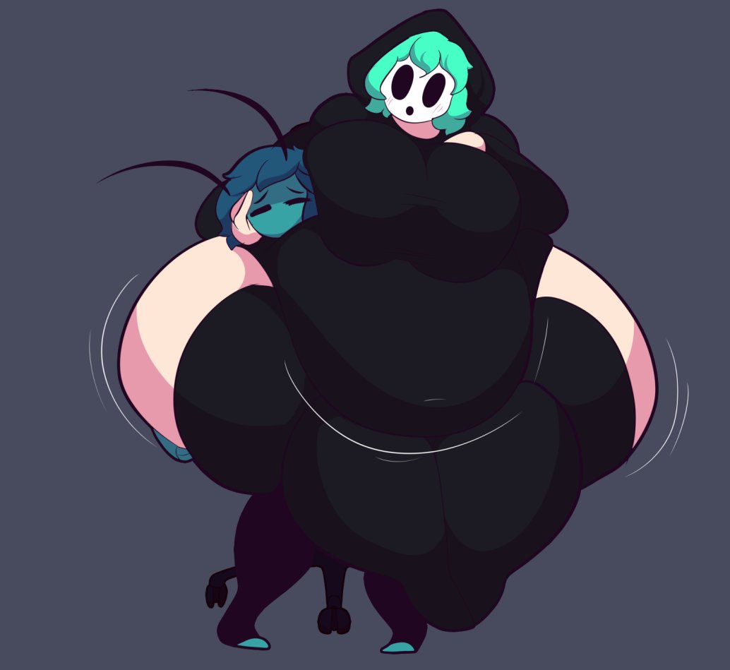 abyss ghospe, anthro, ass, bbw, belly, big belly, big breasts, big thighs, blue body, blue skin, breasts, drawing, fat, fat ass, female, ghospe, green hair, huge ass, large ass, male, male/female, misha (shygal), shy gal, simple background, sitting, sitting on lap, sitting on person, ssbbw, thick thighs, thighhighs, thighs, wide hips