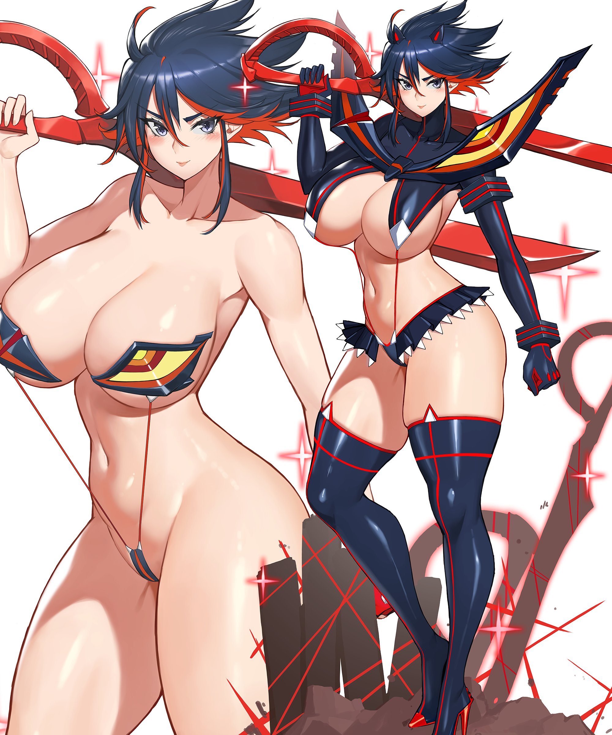 1girls, big breasts, black hair, black-haired female, blue eyes, breasts, curvaceous, female, female only, gurimjang, high heels, huge breasts, kill la kill, large breasts, looking at viewer, matoi ryuuko, pinup, revealing clothes, scissor blade, senketsu, skimpy clothes
