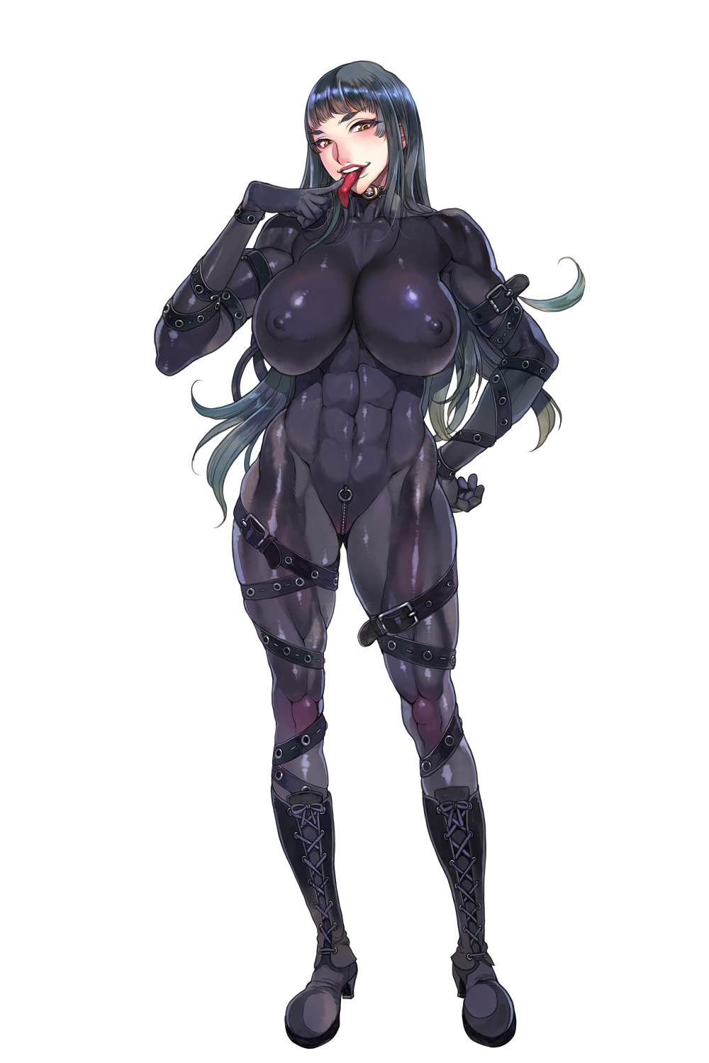 abs black_hair bodysuit breasts f.s. female female_only huge_breasts large_breasts long_hair muscular muscular_female nipples simple_background solo standing straps thick_thighs tight_clothing tongue white_background