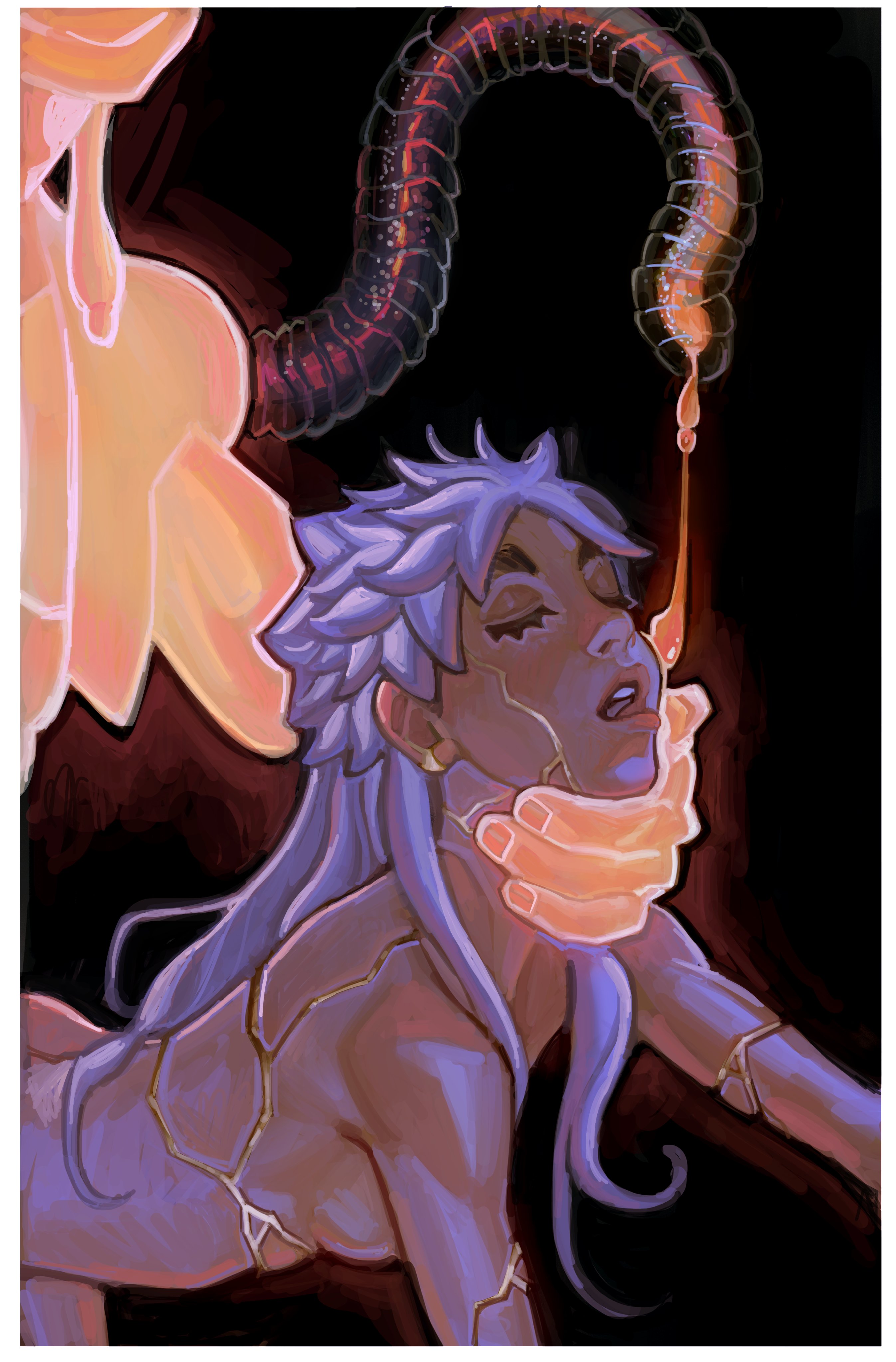1boy, 1girls, arthropod humanoid, blind, breasts, female, human, hunter x hunter, implied sex, interspecies, komugi, korn0tto, light skin, light-skinned female, male, meruem, pale skin, pale-skinned female, shonen jump, tail, white hair