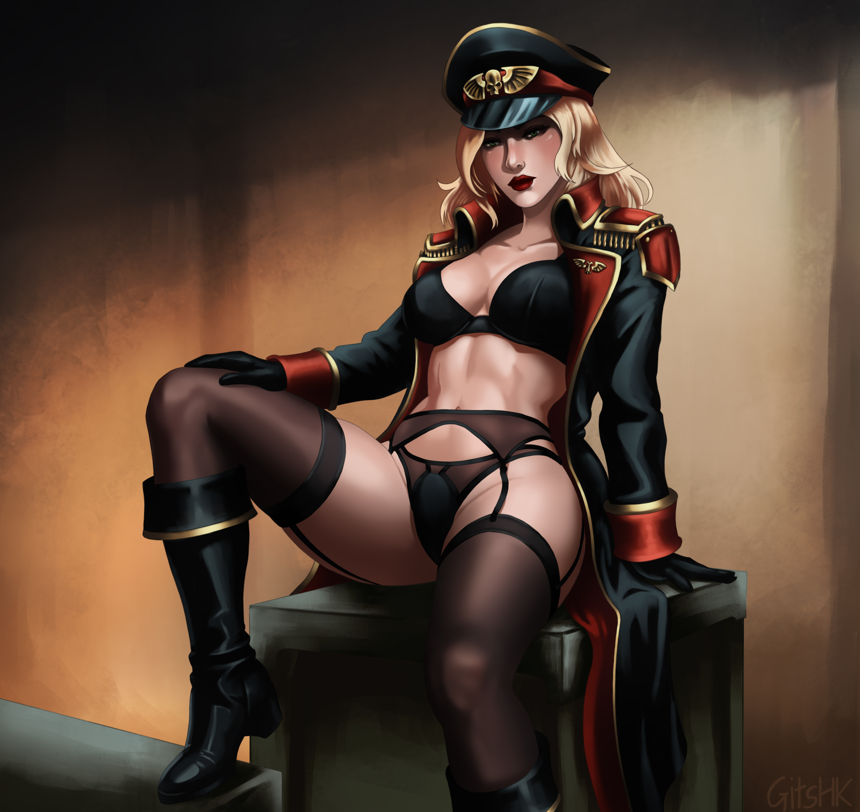 1girls, astra militarum, black bra, black panties, blonde hair, boots, coat, coat open, commissar, female, garter belt, garter straps, gits-hk, imperial guard, imperium of man, lingerie, peaked cap, pinup, self upload, solo, solo female, solo focus, stockings, tease, thighs, trenchcoat, warhammer (franchise), warhammer 40k