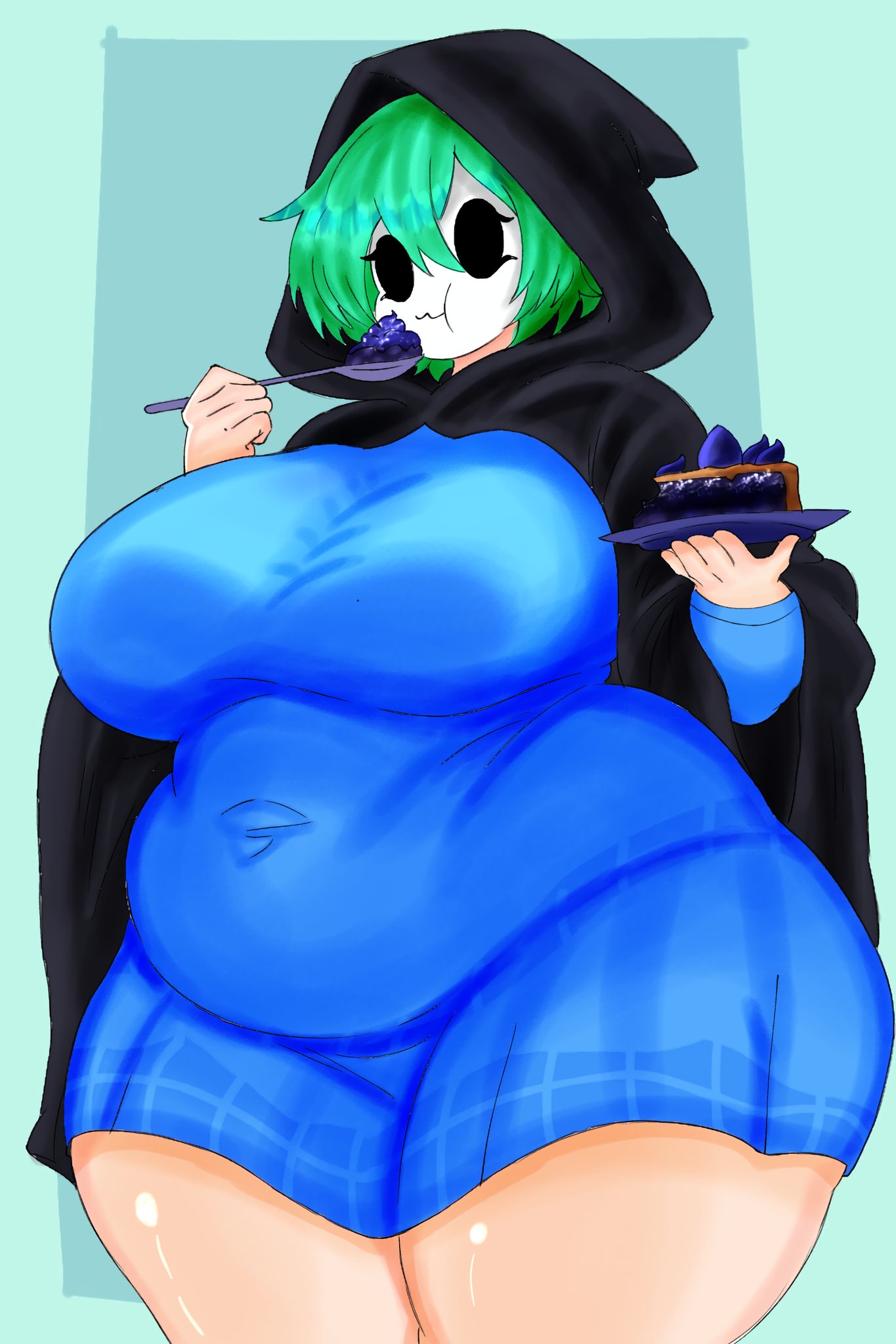 ass, bbw, big ass, big breasts, breasts, drawing, eating, fat, fat ass, female, female focus, female only, fully clothed, green hair, misha (shygal), shiny skulls, shy gal, simple background, thick thighs, wide hips