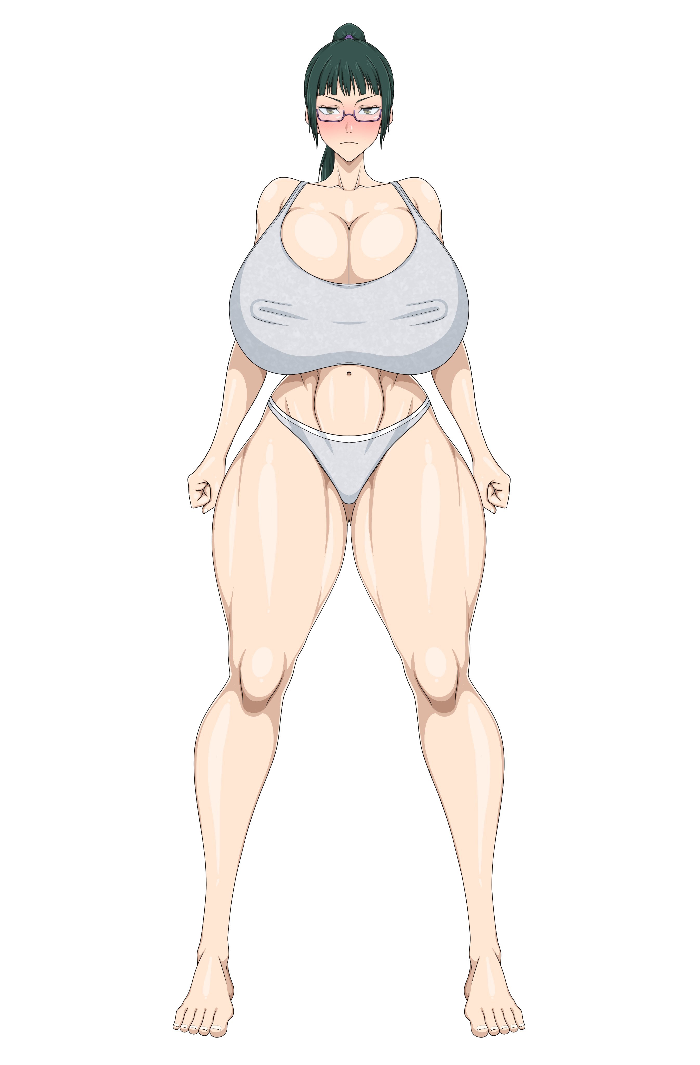 1girls, almost naked, annoyed, areolae, barely clothed, bearfoot, belly button, big breasts, bra, breasts, brown eyes, bush, busty, clueless, curvaceous, curvy, curvy body, curvy female, curvy figure, expressionless, eyebrows, feet, female, female only, fists clenched, fit, fit female, front view, glasses, green pubic hair, hairy armpits, half naked, hands-free, huge breasts, jujutsu kaisen, large breasts, latex, latex gloves, latex legwear, legs apart, looking at viewer, loungewear, massive breasts, massive tits, nerd, nerdy female, neutral expression, nipples, nipples visible through clothing, no socks, pale skin, peace sign, pink clothing, pink latex, plump, pubic hair, pussy, short hair, sihkygmojsn, simple background, skimpy, skimpy clothes, slender waist, slim waist, solo, solo female, solo focus, standing, thick, thick thighs, toes, underwear, white background, white body, wide hips, wide thighs, zenin maki