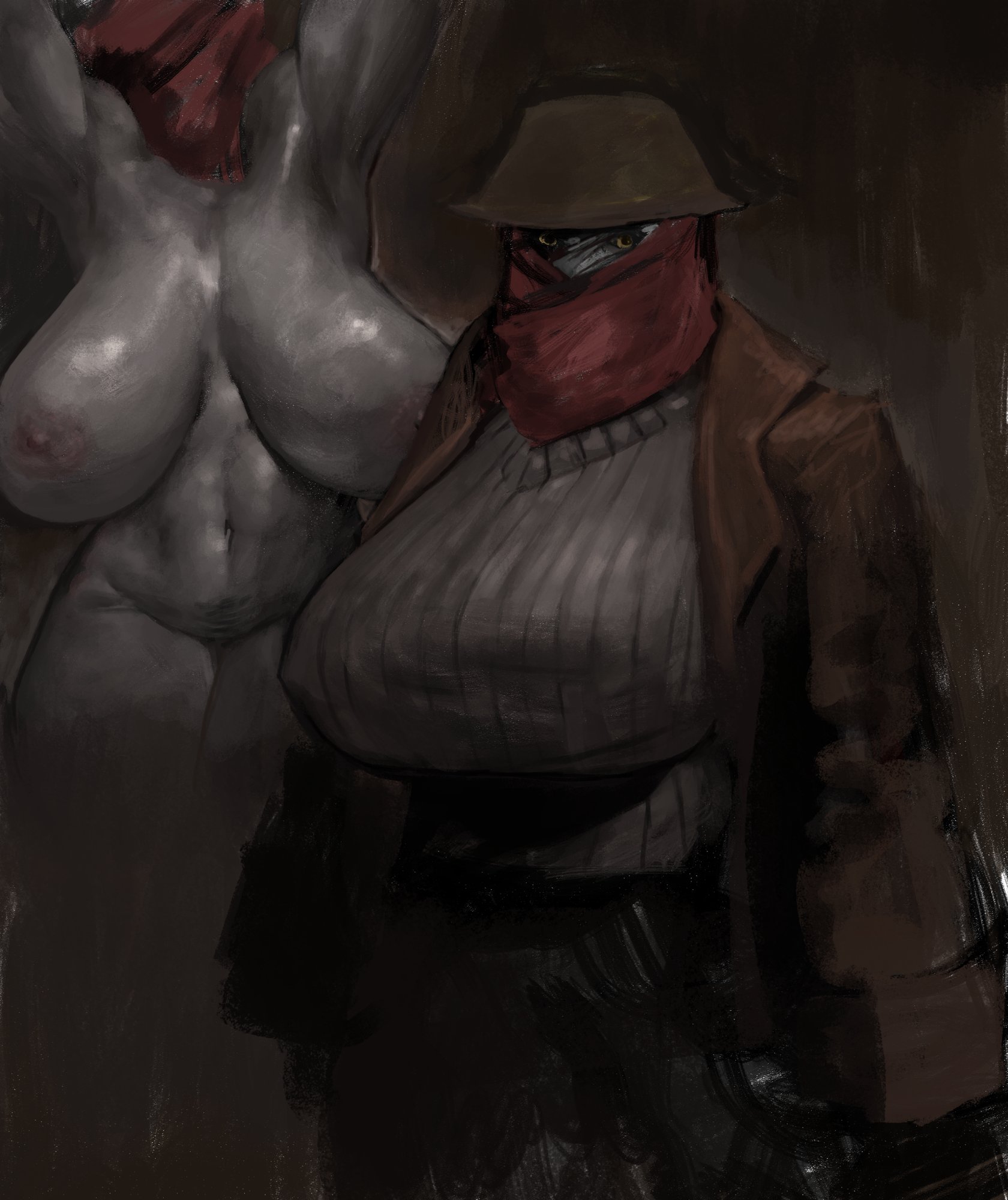 brown jacket, brown trenchcoat, child bearing hips, curvaceous, curvaceous body, curvaceous female, curvaceous figure, curvaceous hips, curvaceous thighs, darkwood, female, genderswap (mtf), grey body, jacket, lewdpencil, protagonist (darkwood), red mask, rule 63, the stranger (darkwood), trenchcoat, waifu