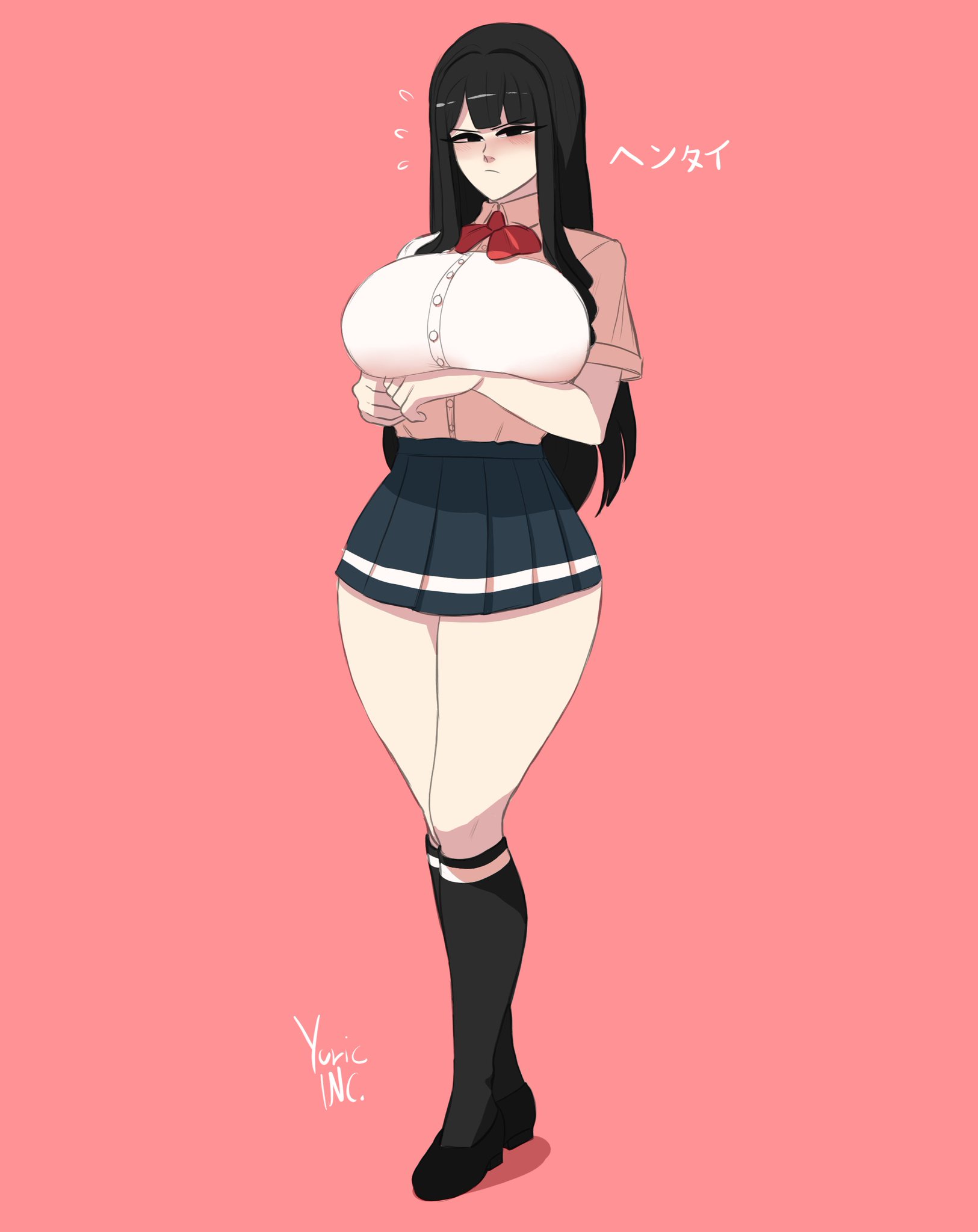 artist name, ass, ass bigger than head, big ass, big breasts, black eyes, black hair, blush, bow, breasts, breasts bigger than head, busty, buttons, clothing, country inc (yuric inc), curvaceous, curvy, curvy body, curvy female, curvy figure, female, female only, gigantic ass, gigantic breasts, hourglass figure, huge ass, huge breasts, japan (yuric inc), japanese text, large ass, large breasts, light skin, light-skinned female, long hair, massive ass, massive breasts, national personification, pink background, school uniform, shirt, shirt tucked in, shoes, skirt, socks, sweat, thick thighs, thighs, thunder thighs, voluptuous, voluptuous female, watermark, white shirt, white skin, wide hips, yuric inc